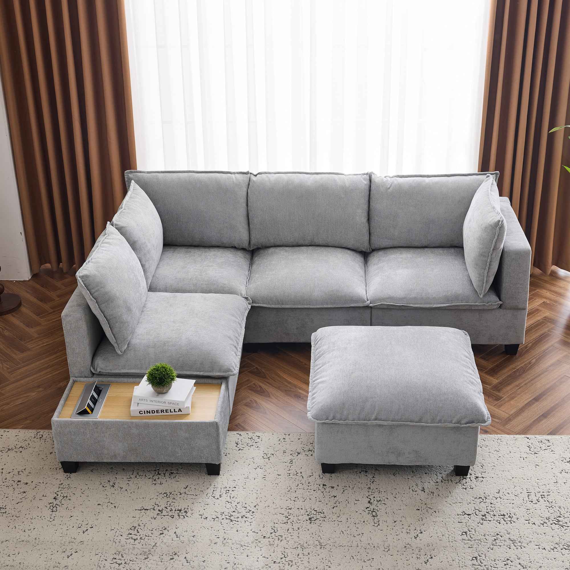 Modular 90' U-shaped Sectional Sofa with Movable Ottoman and Hidden Charging Coffee Table, Grey, Chenille