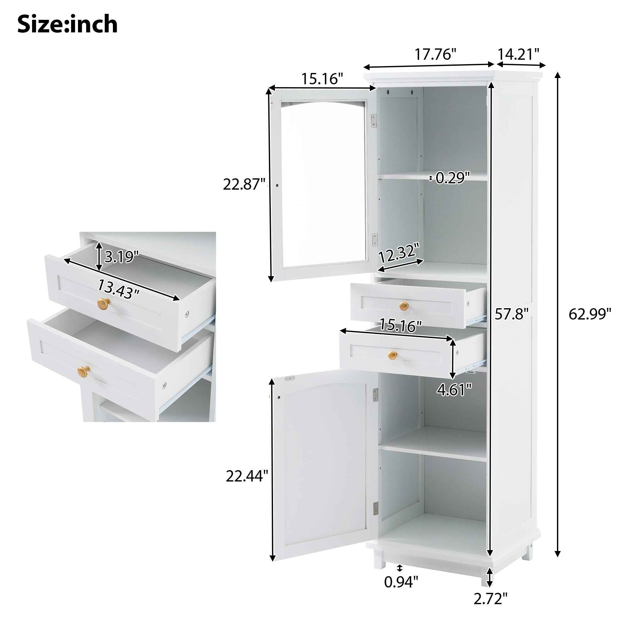 Modern Tall Bathroom Storage Cabinet with Glass Doors, Two Drawers, Adjustable Shelves, Made of MDF with White Painted Finish, 17.76'W x 14.21'D x 62.99'H
