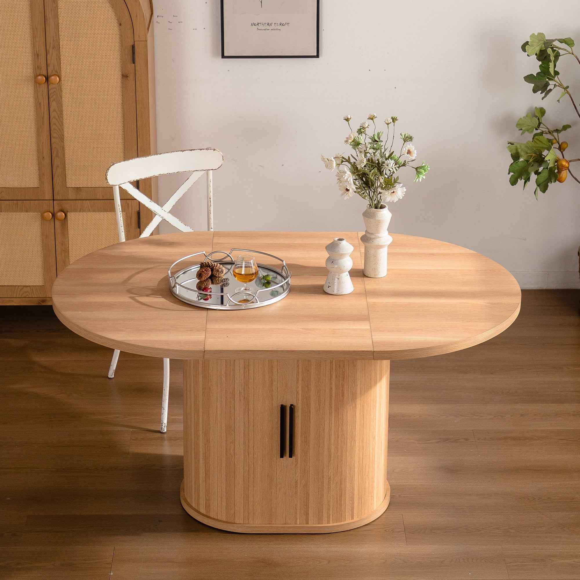 59 Inch Oval Dining Table for 4-6 Oval Table Kitchen Modern Oval Dining Room Table with 2-Layer Storage Shelf and Wood Slide Door Oval Kitchen Tables for Dining Room