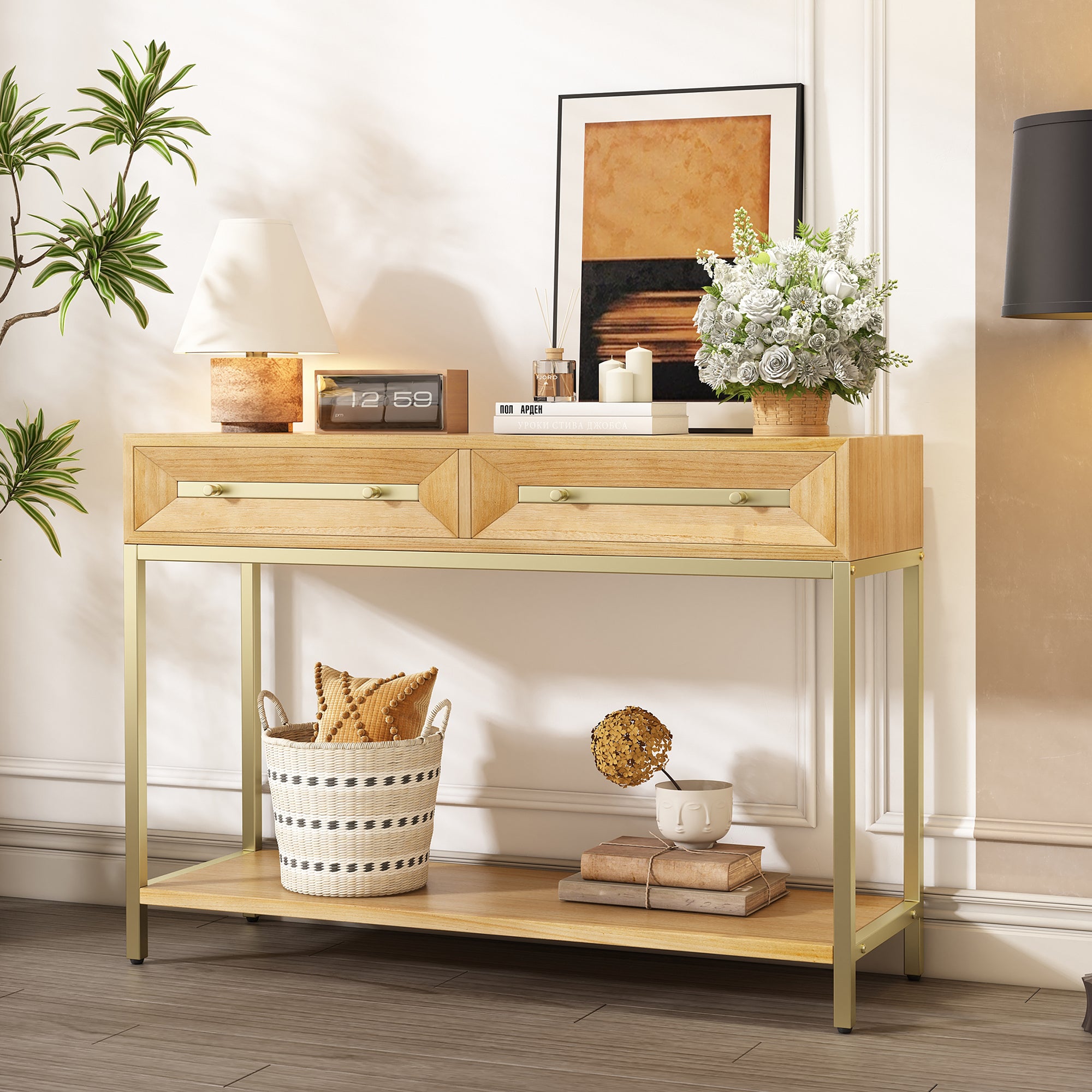 TREXM Entryway Table, Console Table with Two Drawers, Retro Hallway Table with Striking Geometric Design for Entryway and Living Room (Natural) - Abrihome