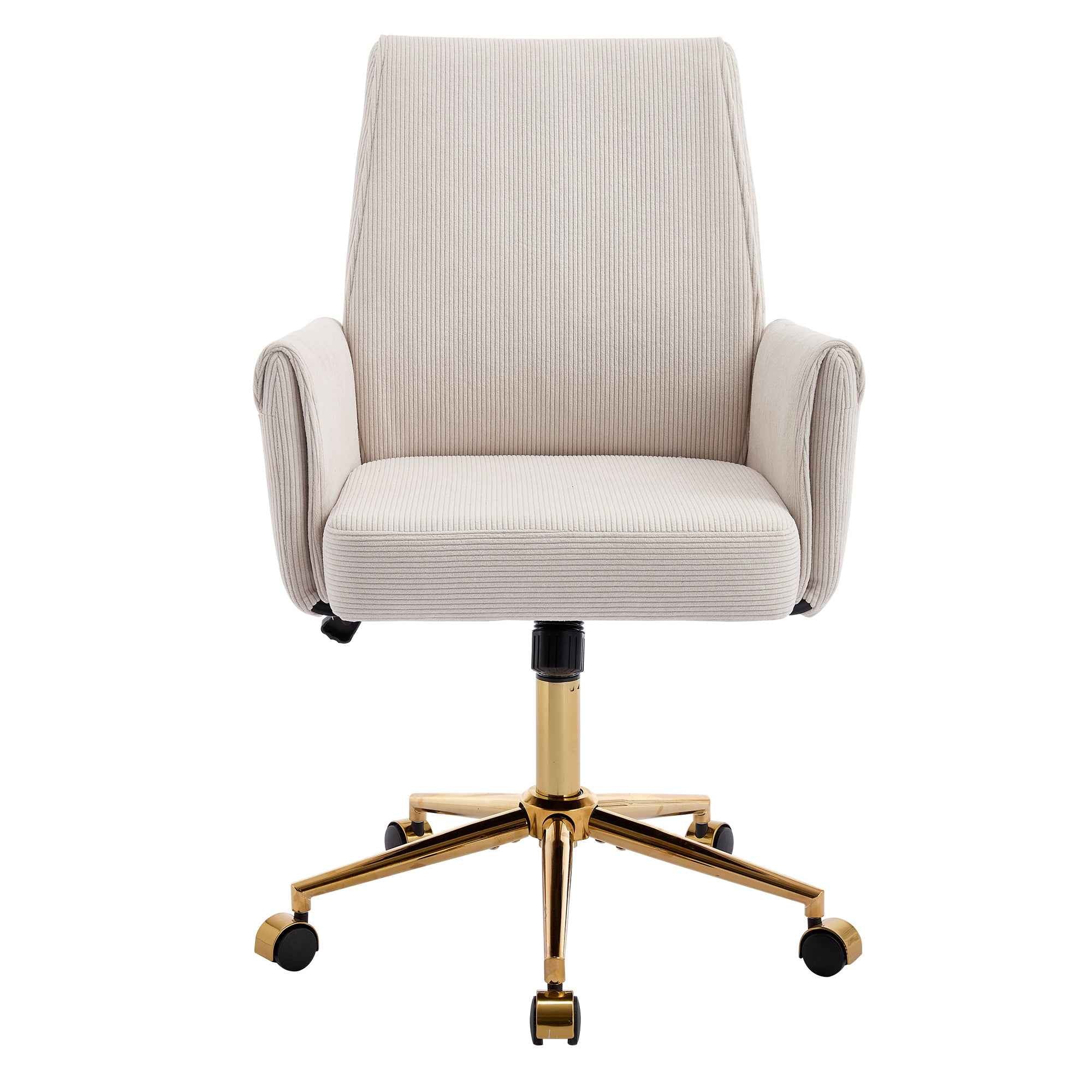 Ergonomic Mid-Back Office Chair with Striped Fabric, White Corduroy, Adjustable Lumbar Support and Gold Base, 25.2 x 24.0 x 39.0 inches