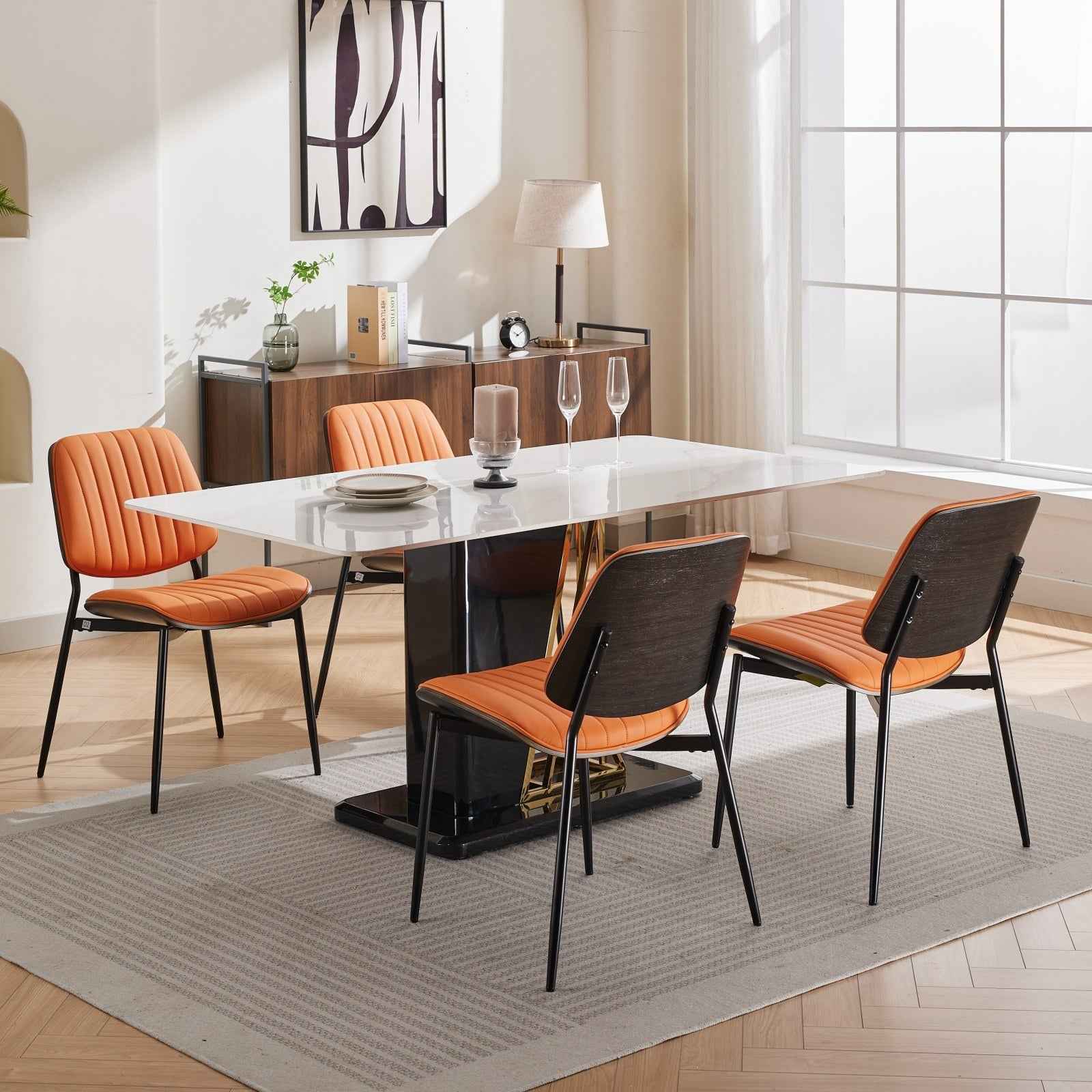 A&A Furniture, Dining Chairs Set of 2 Mid Century Modern Retro Faux Leather Chair with Walnut Bentwood Back Upholstered Seat Metal Legs Adjustable Foot for Kitchen Dining Room Chairs(Orange  PU)