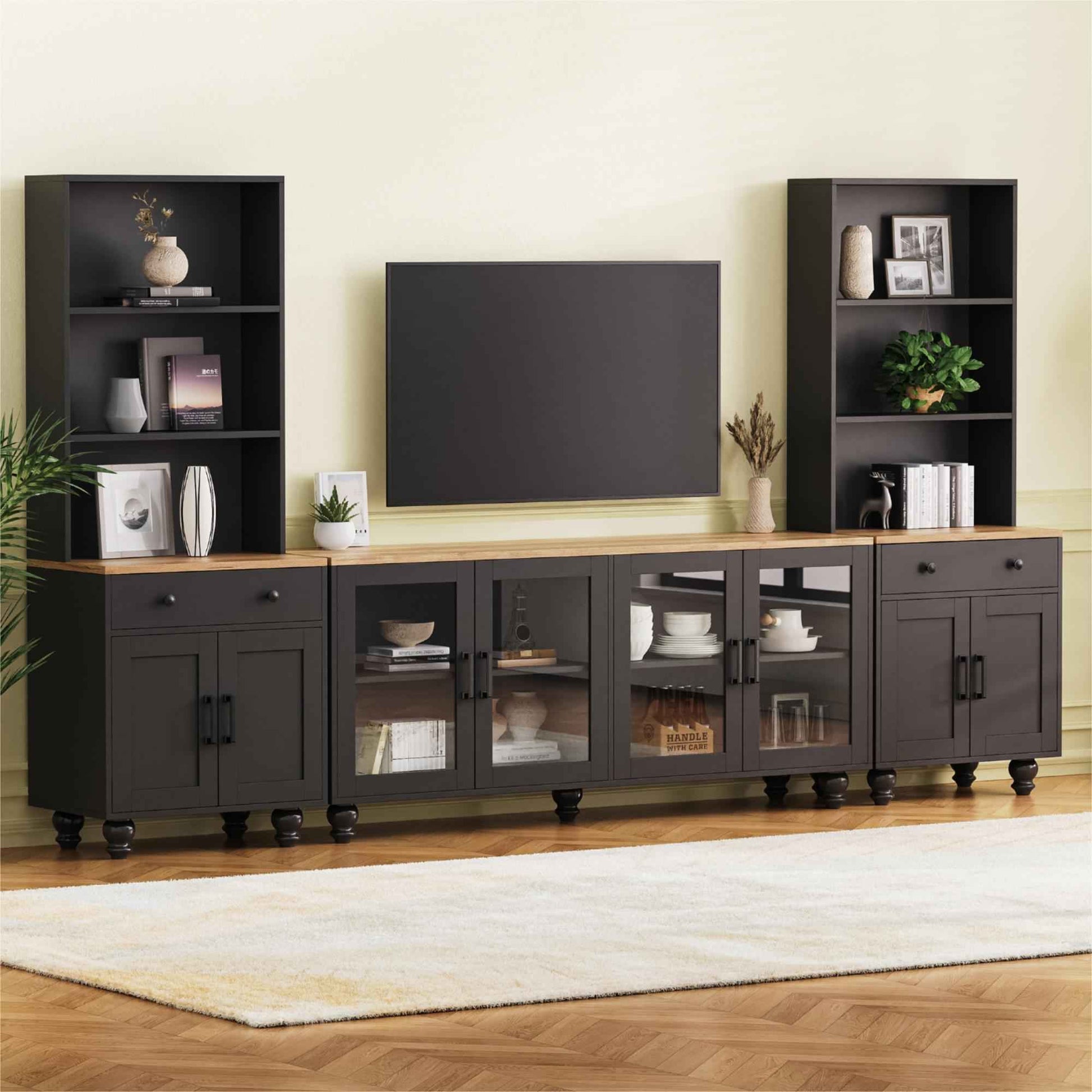 Farmhouse TV Stand with Solid Wood Gourd-Shaped Legs for TVs Up to 70', Entertainment Center with Bookshelves & Tempered Glass Doors, Media Console with Adjustable Shelves, Living Room, Black