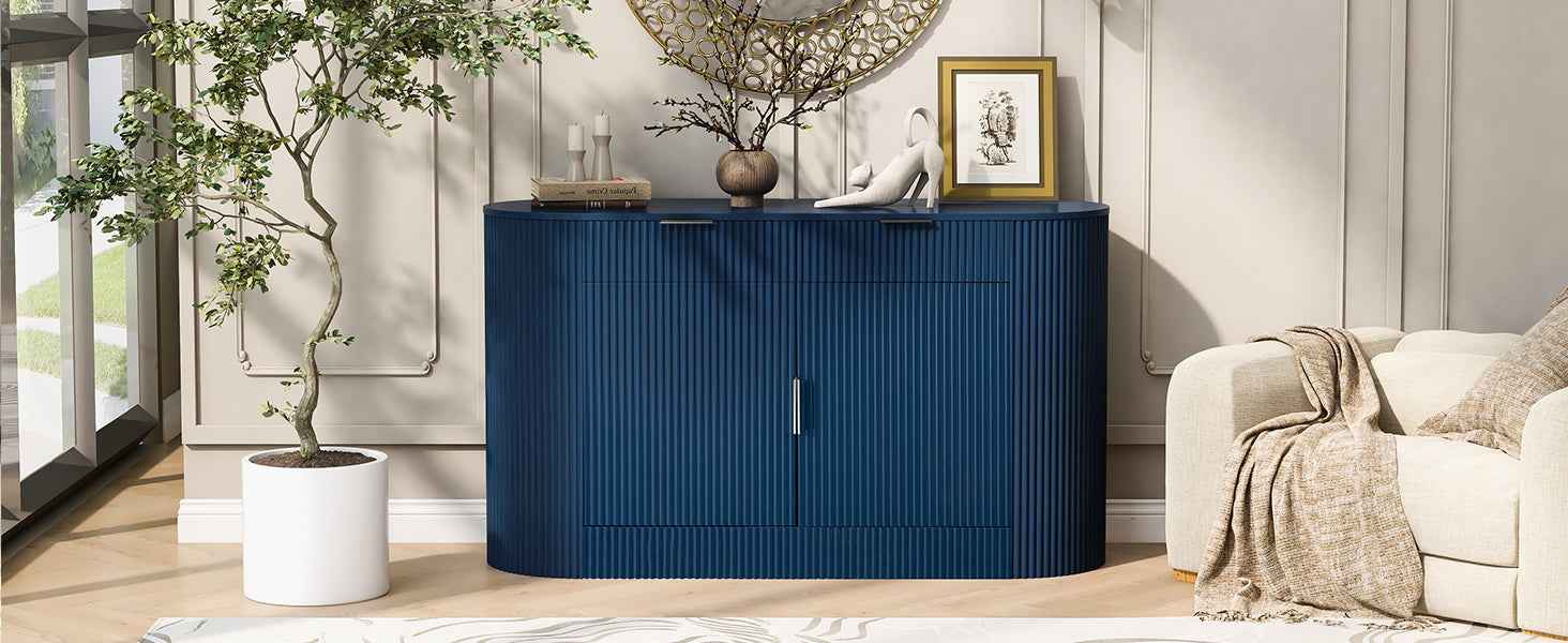 U_STYLE 55.1' Modern Storage Cabinet – 2 Doors & 2 Drawers, Stripe MDF Sideboard with Aluminum Handles, Curved Side Door & 3-Tier Shelves, Buffet Cabinet for Living Room, Bedroom, Dining Room