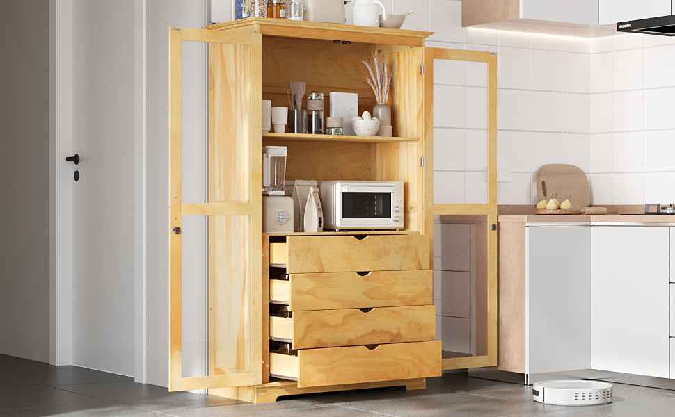 TOPMAX 44.7x20x75inch Kitchen Pantry, Freestanding Kitchen Storage Cabinet Display Cabinet with Glass Doors and 4 Built-in Drawers for Living Room, Home Office, Natural