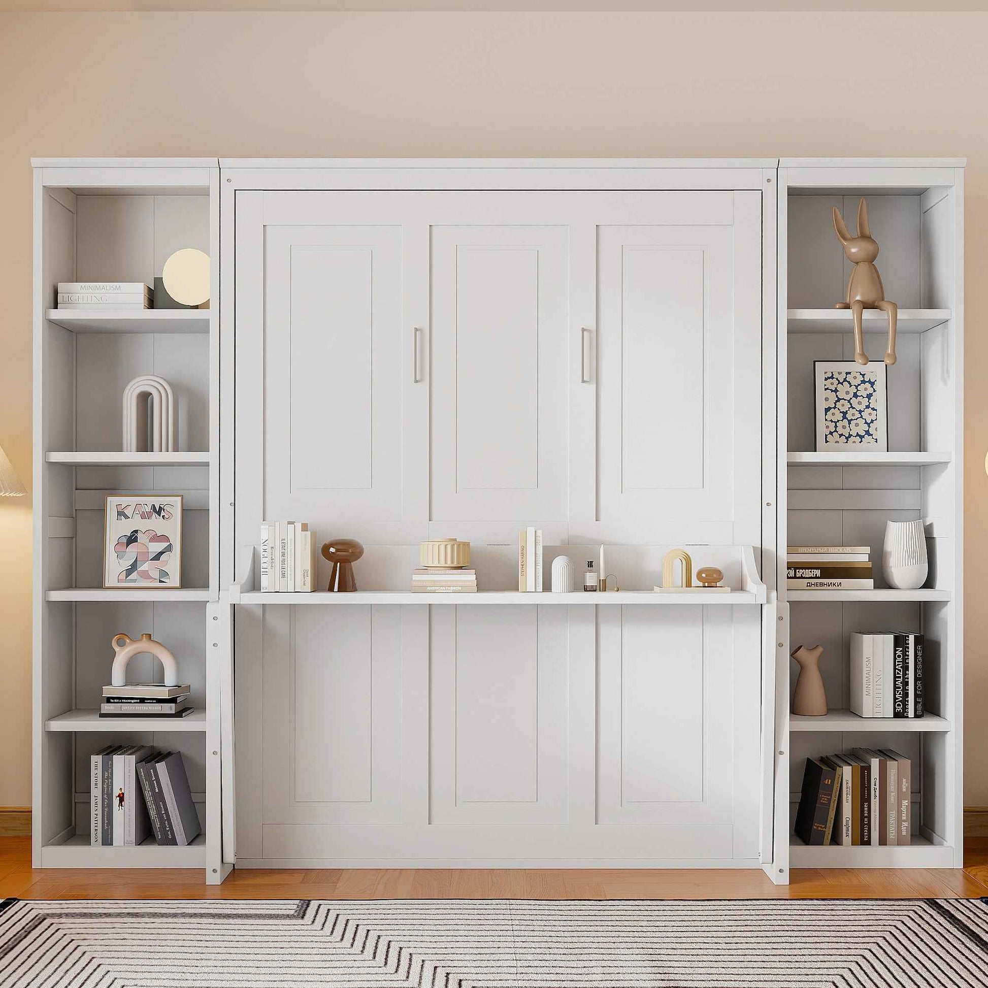 White Queen Size Murphy Bed with Desk and Bookshelf, Pine Wood + MDF, 116.9''L x 84.6''W x 86.8''H