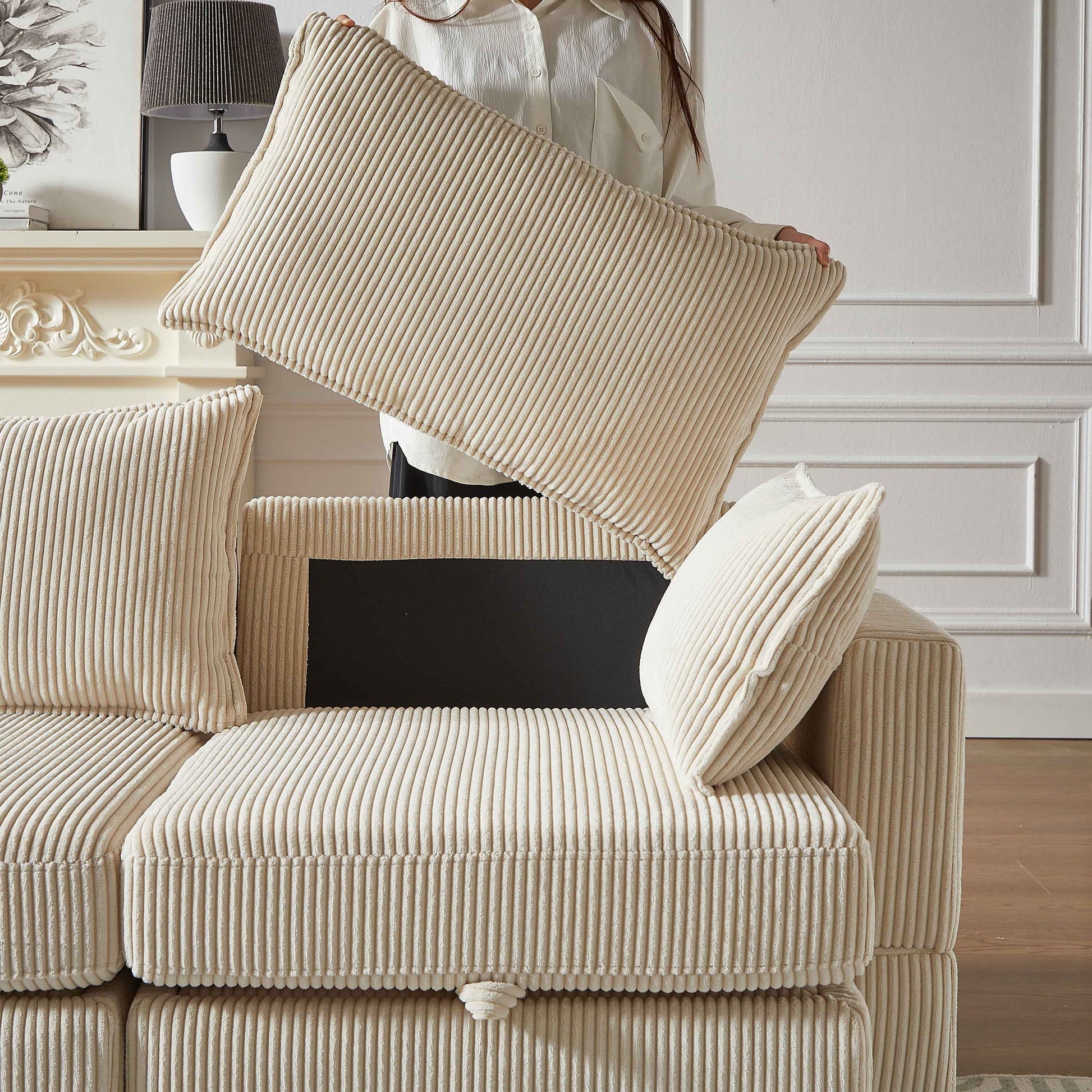 113.5'' Modular Sectiona Corduroy Sofa, Sectional Couches for Living Room U Shaped Sectional Couch with Storage Ottoman, 6 Seats Convertible Sectionals with Chaise