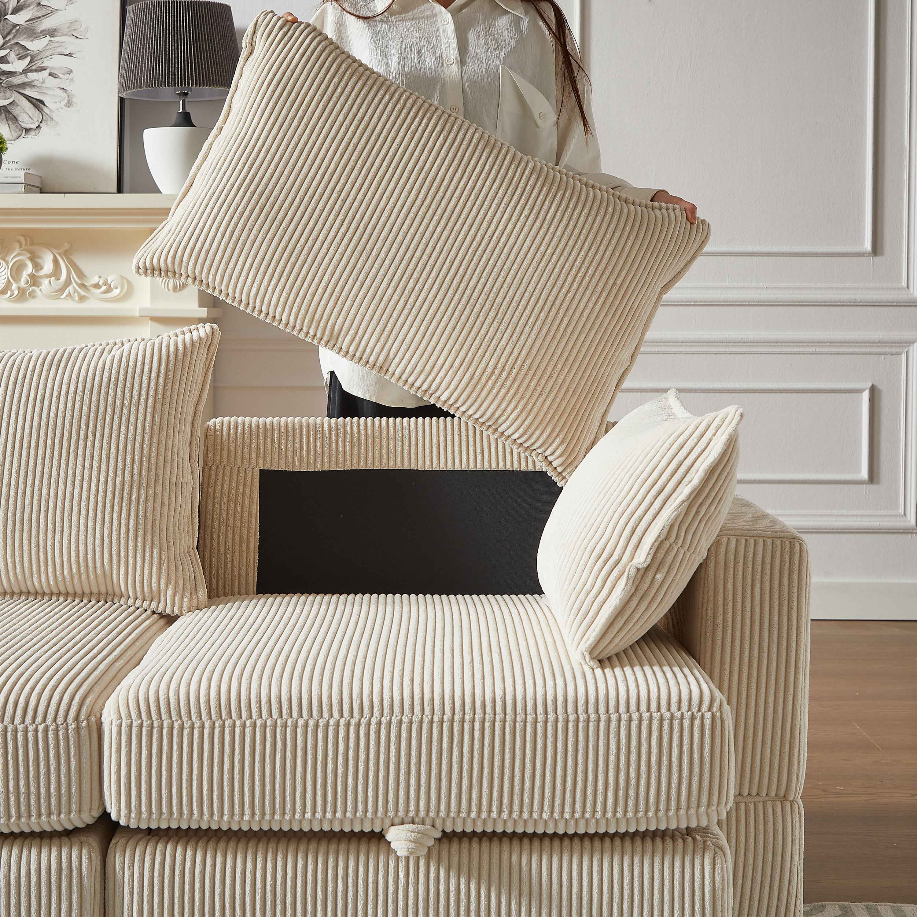 113.5'' Modular Sectiona Corduroy Sofa, Sectional Couches for Living Room U Shaped Sectional Couch with Storage Ottoman, 6 Seats Convertible Sectionals with Chaise