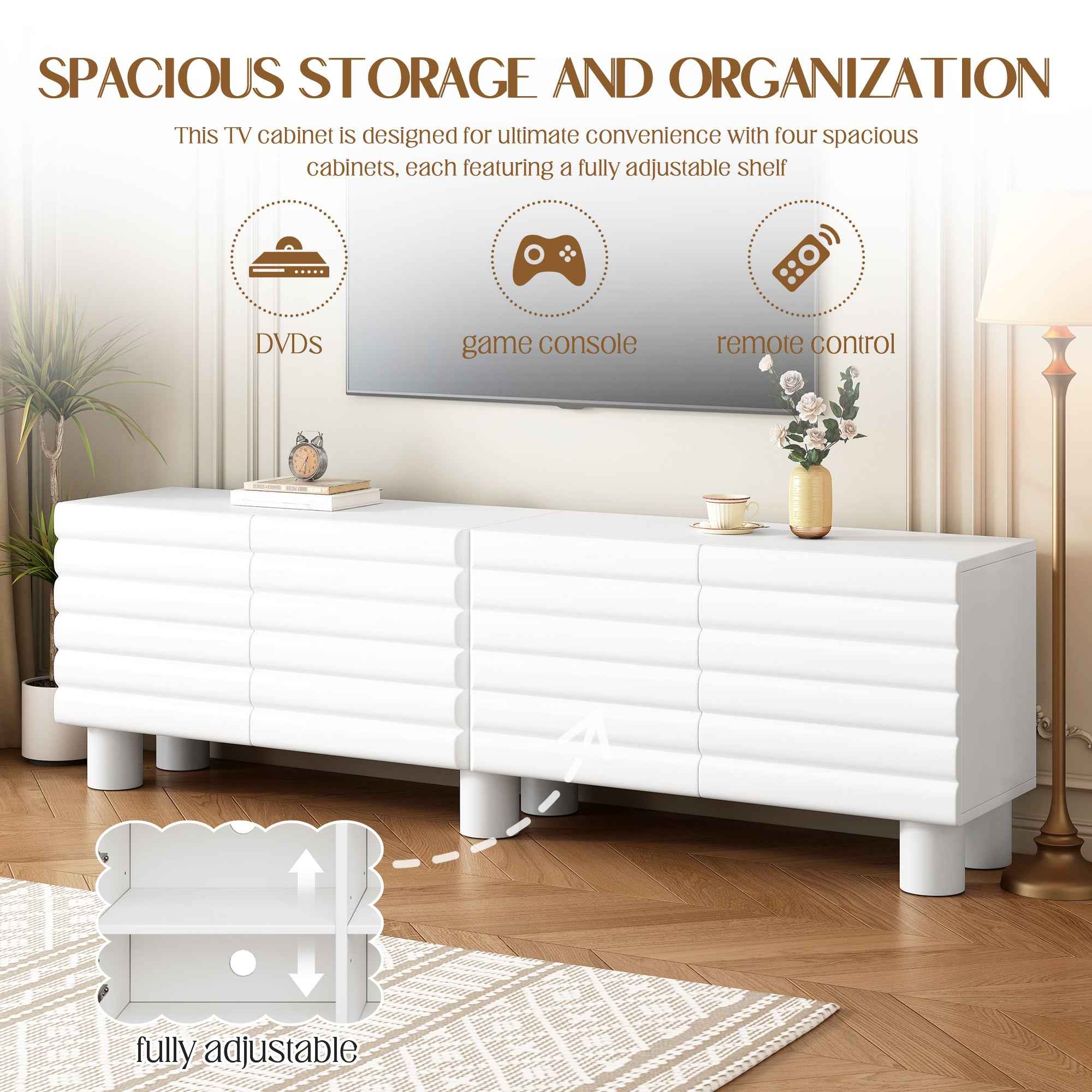 Stylish Thick Wavy Door TV Cabinet with Adjustable Shelves, Cream Style TV Stand with 4 Cabinets for TVs Up to 75', Solid Media Console with Cylindrical Legs and Cable Holes for Living Room, White