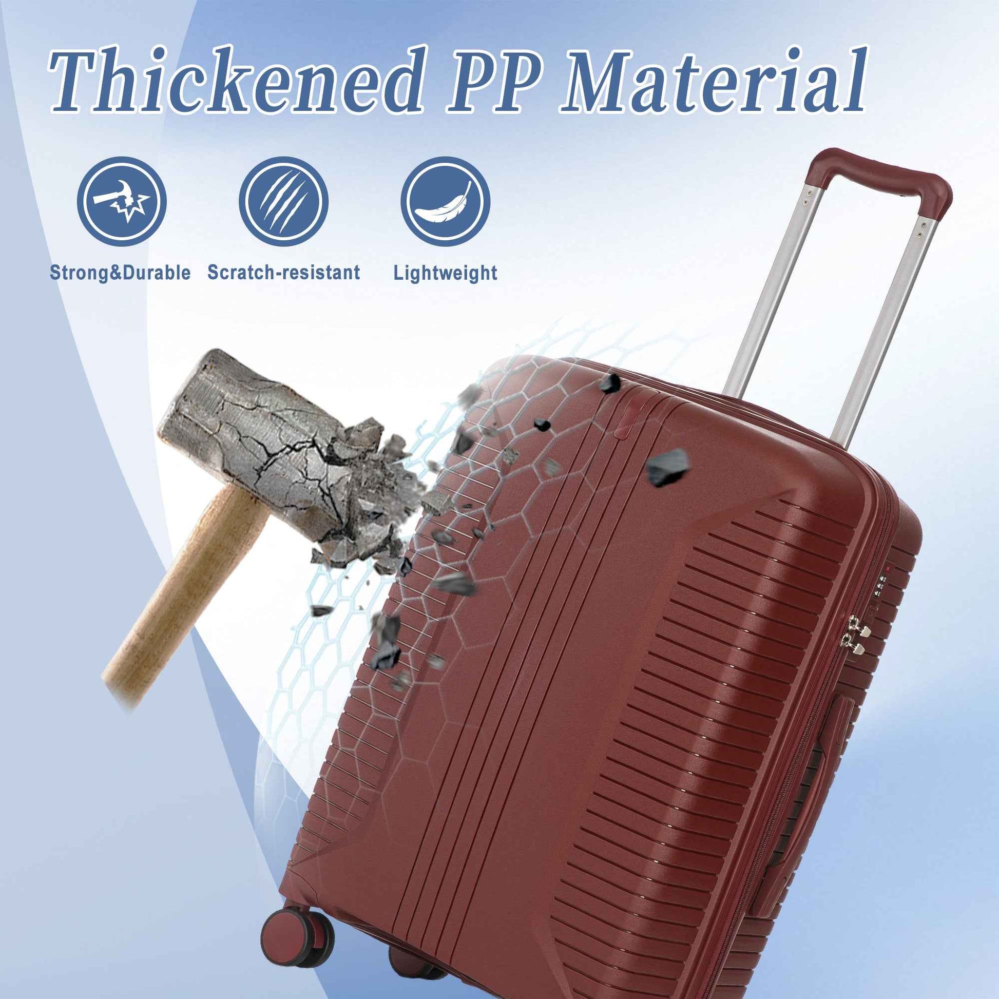 20'/24'/28' 3 pcs/set in PP Spinner Wheel Luggage, Carry on Suitcase, Matching Color, Combination Lock (Red)