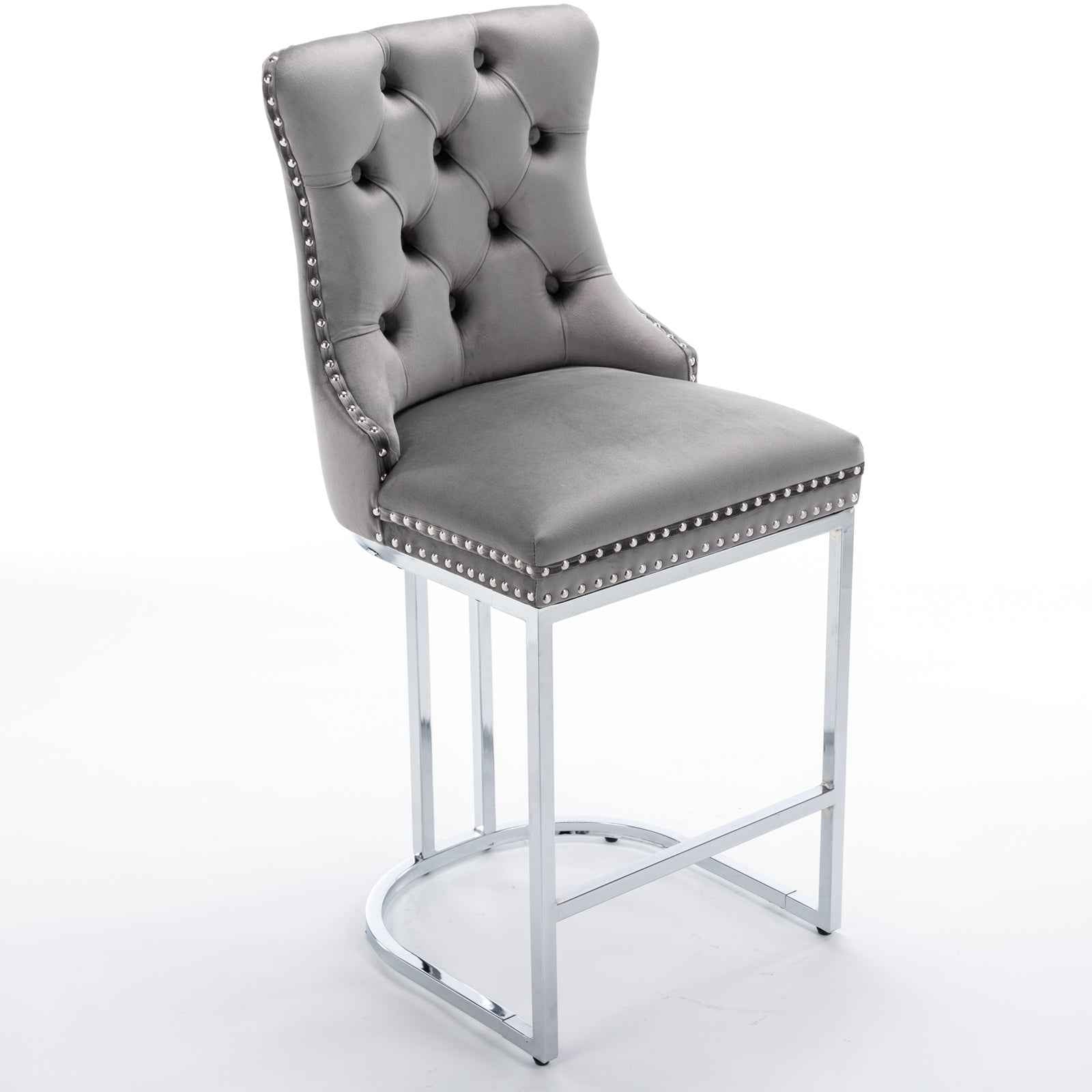 26' Counter Height Bar Stools Set of 2, Modern Velvet Barstools with Button Back&Rivet Trim Upholstered Kitchen Island Chairs with Sturdy Chromed Metal Base Legs Farmhouse Bar Stools, (Gray,2 Pack)