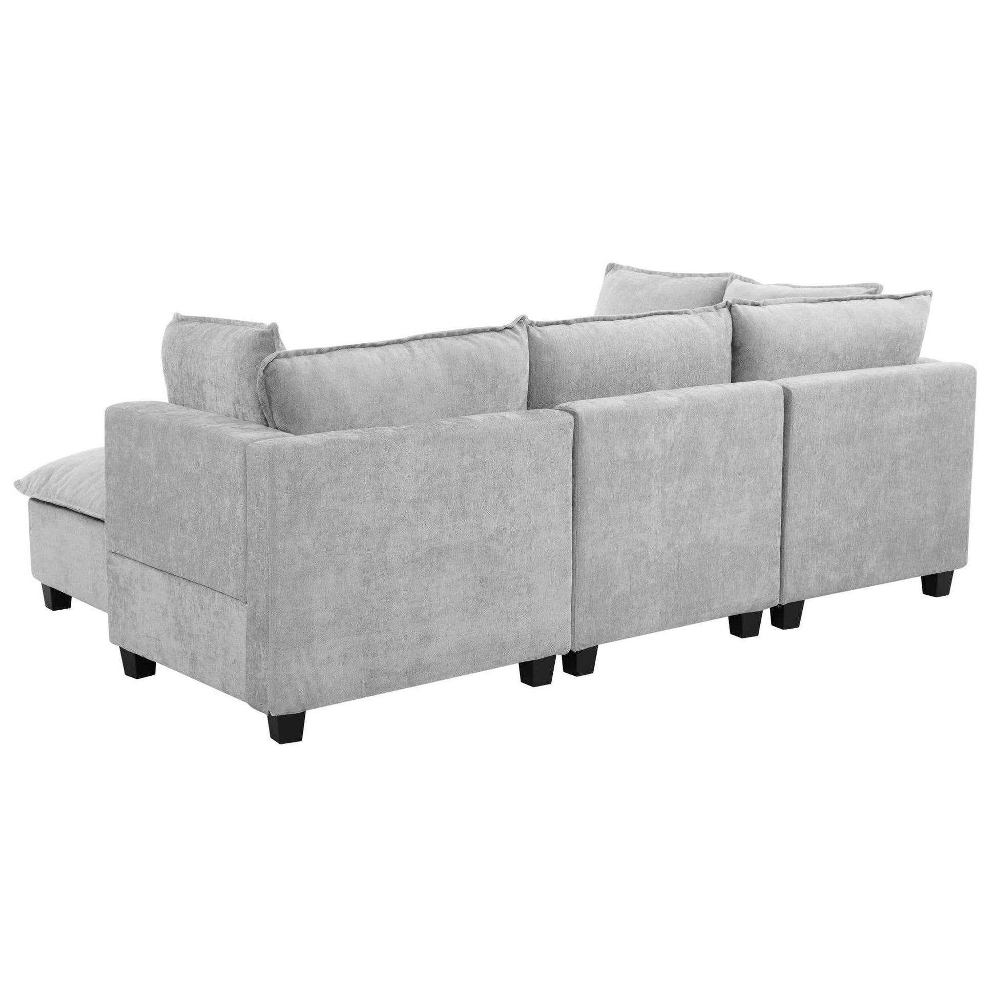 Modular 90' U-shaped Sectional Sofa with Movable Ottoman and Hidden Charging Coffee Table, Grey, Chenille