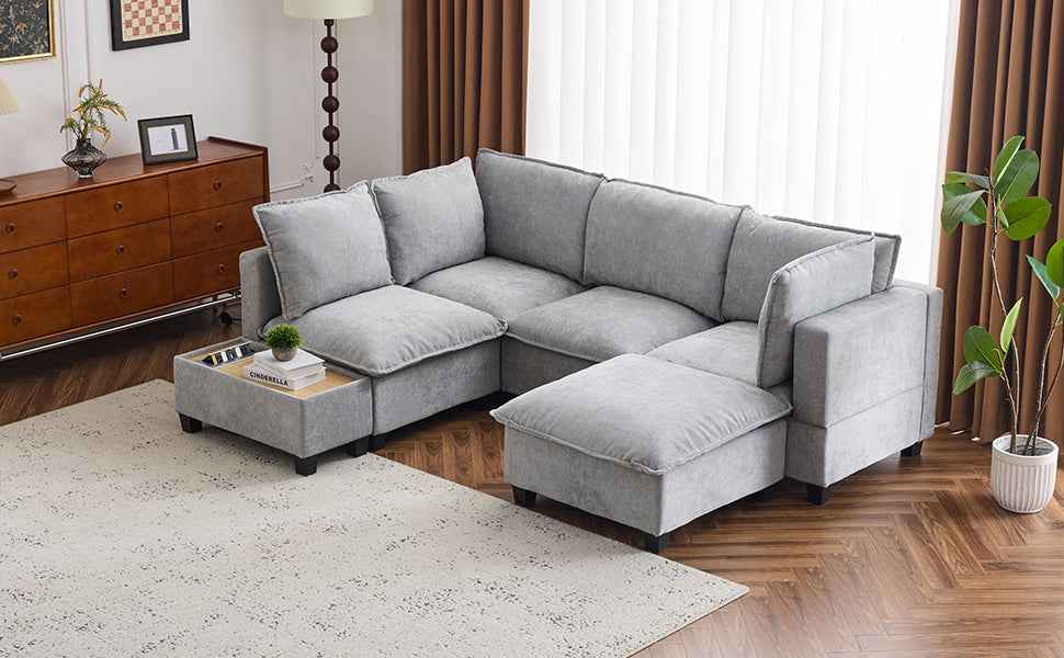 Modular 90' U-shaped Sectional Sofa with Movable Ottoman and Hidden Charging Coffee Table, Grey, Chenille