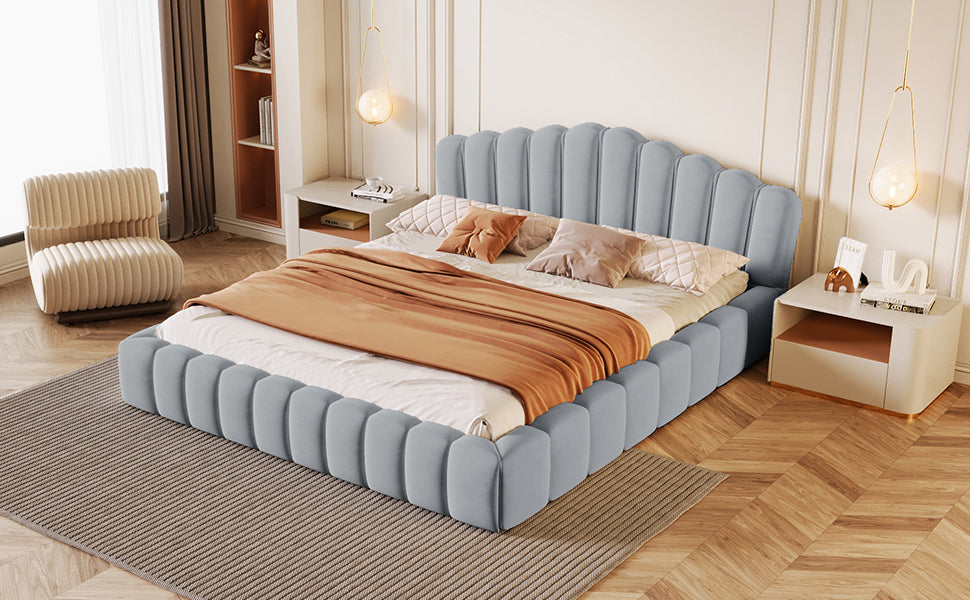 Velvet Upholstered Queen Bed Floor Bed Frame Shell-Shaped Headboard for Bedroom,No Box Spring Needed,Light Blue