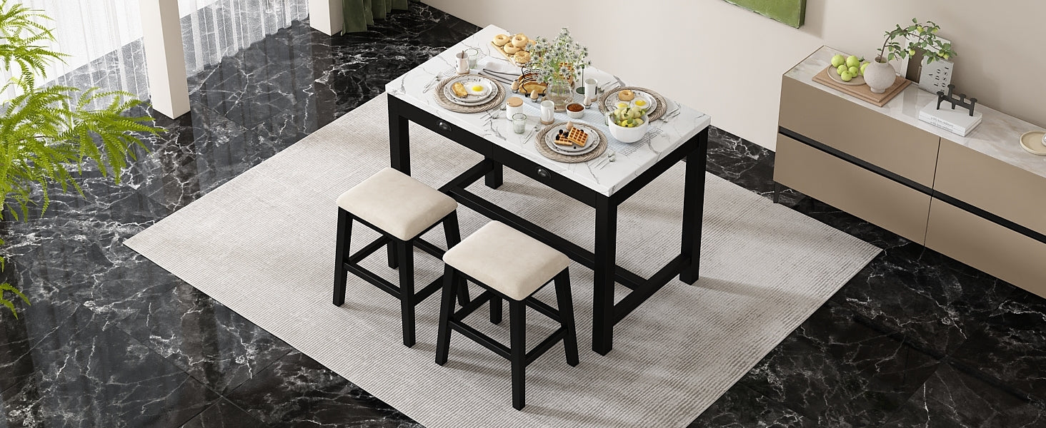 TREXM 3-Piece Modern Faux Marble Versatile Bar Table Set with Storage Drawers and Padded Stools, Ideal for Space-Saving Dining Nooks or Small Kitchens (Black)