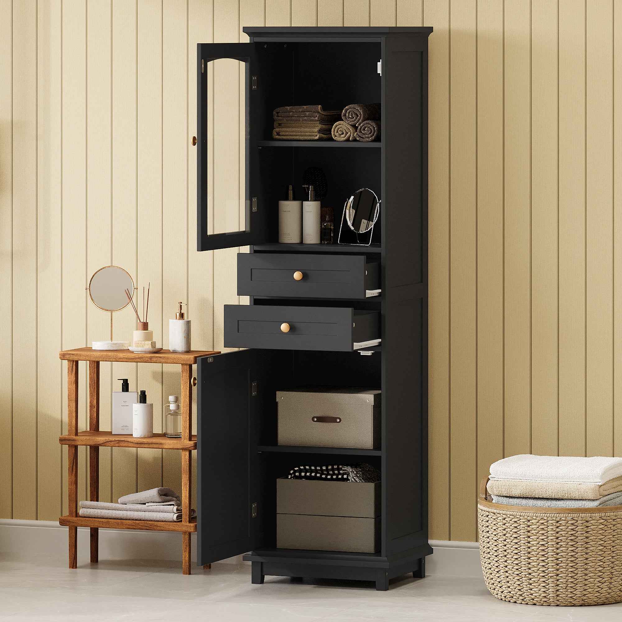 Modern 63-inch Tall Bathroom Storage Cabinet with Glass Doors, Two Drawers, Adjustable Shelves, Made of MDF with Black Painted Finish, Ideal for Organized Display