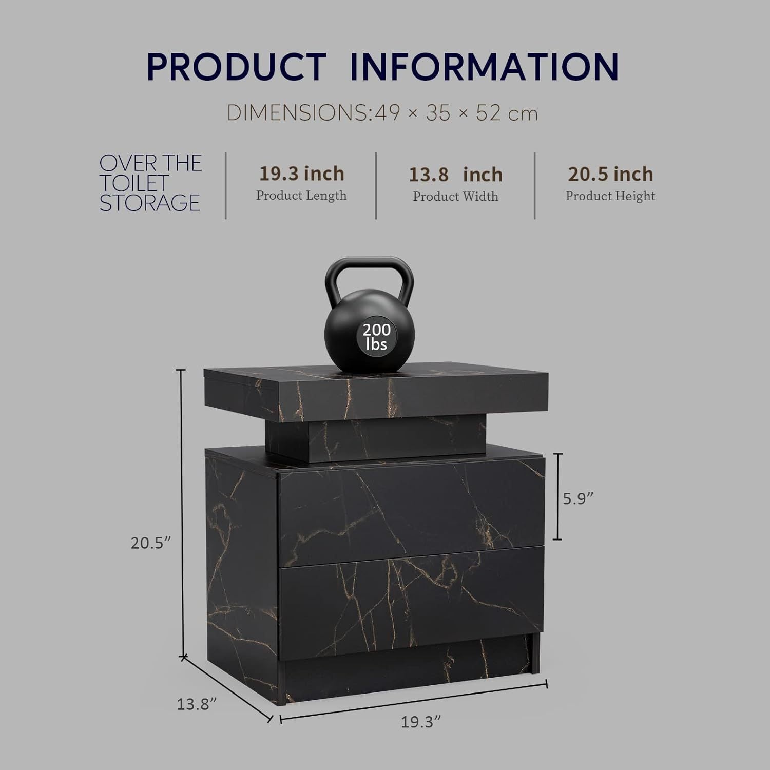 Nightstand LED Bedside Table Cabinet Lights Modern End Side with 2 Drawers for Bedroom (Black Gold) - Abrihome