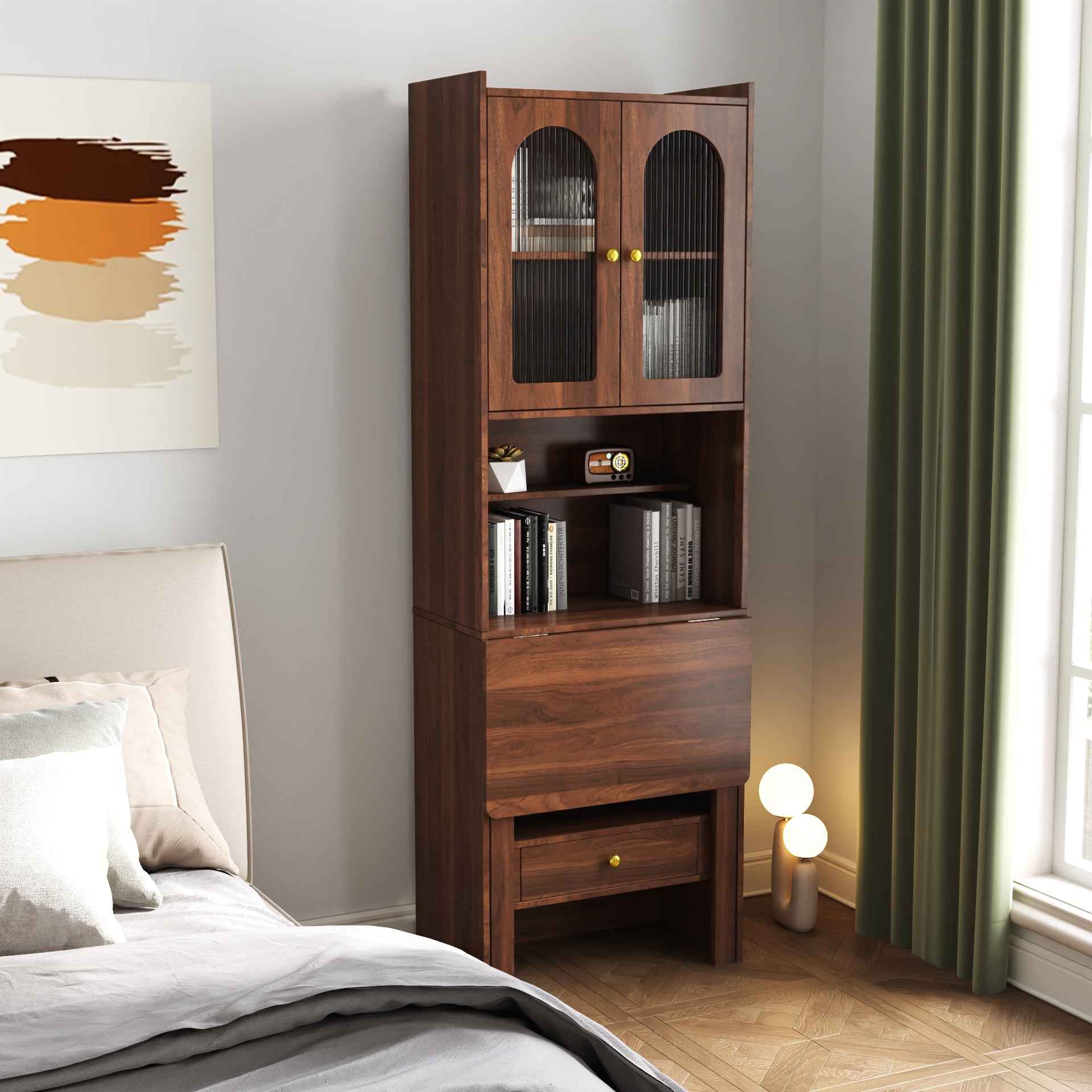 Fold-Out Convertible Writing Table,  Desk Cabinet with shelf and drawer Multi-Function Home Office Workstation