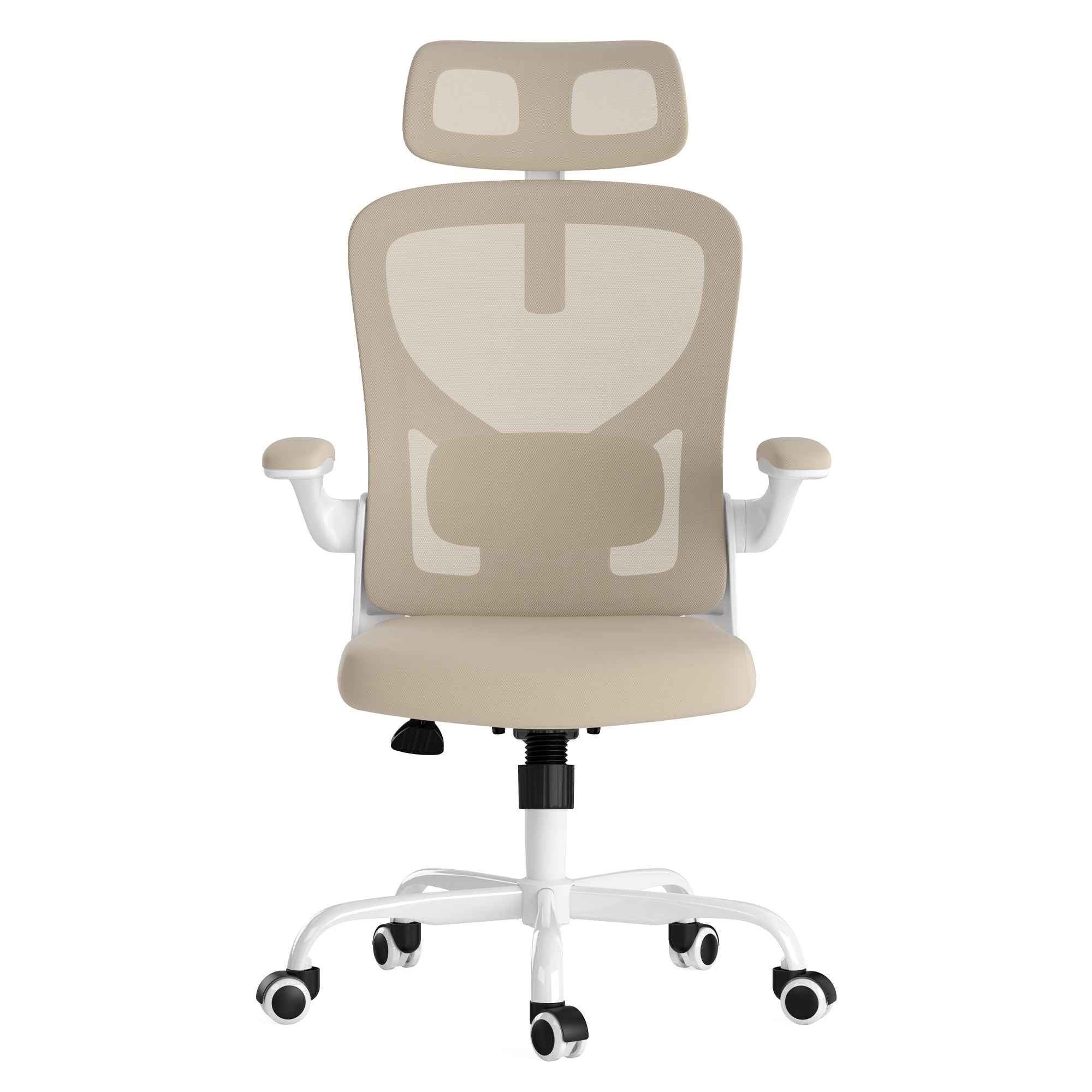 Ergonomic Office Chair, Home Office Desk Chair with Headrest, High Back Computer Chair with Armrests and Adjustable Lumbar Support for Home Office Study Room, White & Khaki