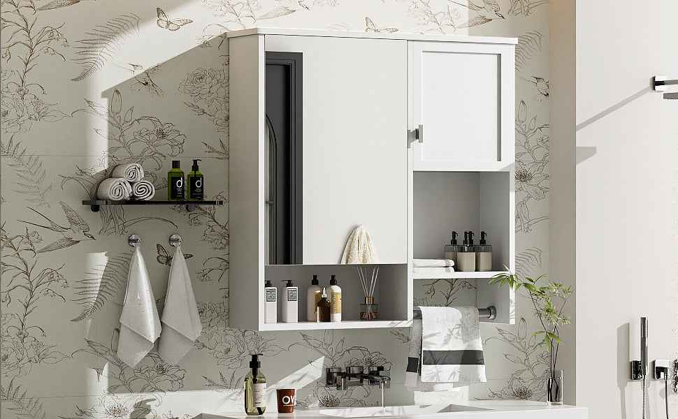 29'' x 28'' Modern Wall Mounted Bathroom Medicine Cabinet, Bathroom Wall Storage Cabinet with Mirror, Over the Toilet Space Saver Cabinet with Towels Bar