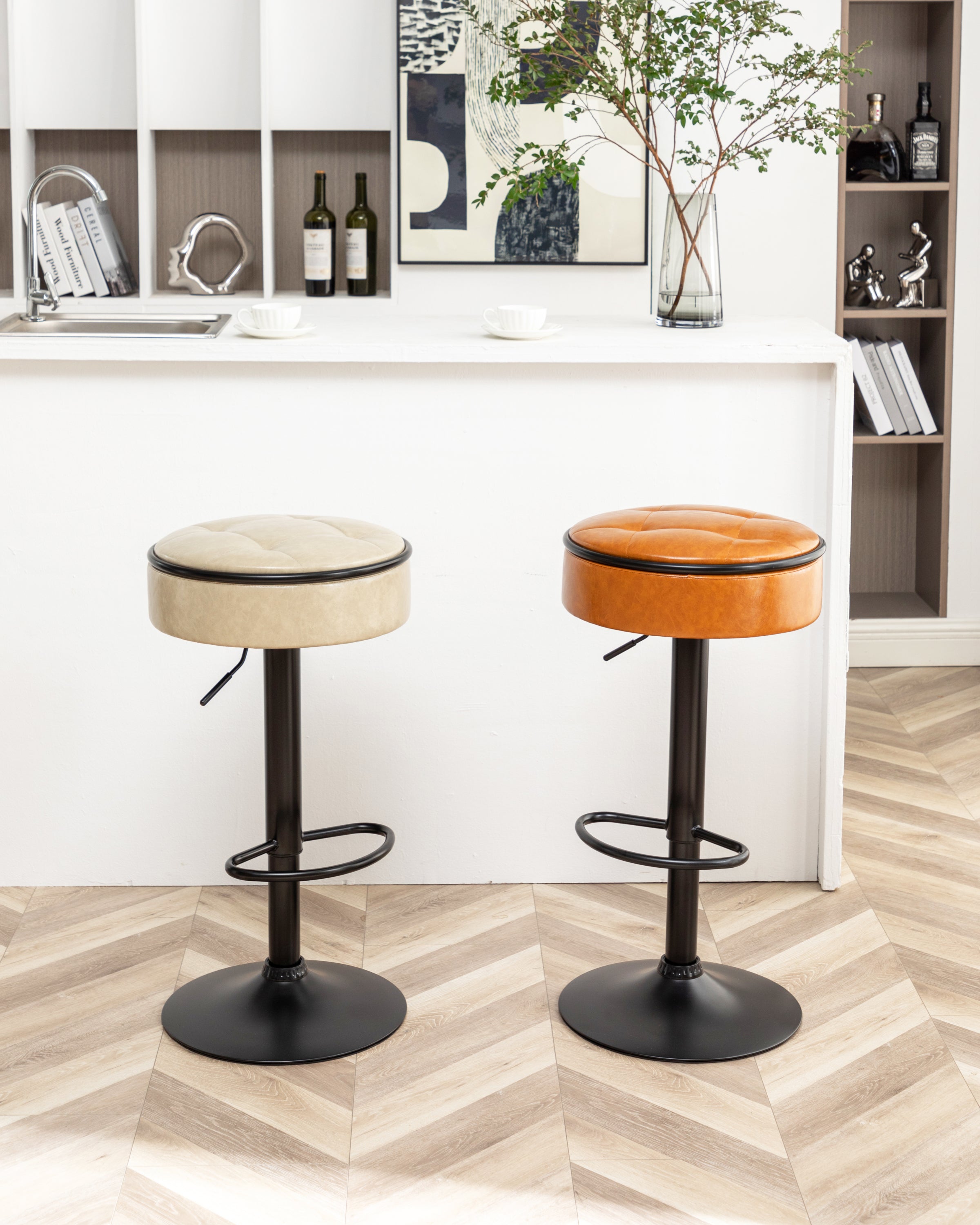 Round Storage Bar Stool Set of 2, Khaki Faux Leather Height Adjustable Barstool, 360°Counter Height Swivel Stool, Armless Bar Chair with Metal Frame for Kitchen Counter Dining Living Room