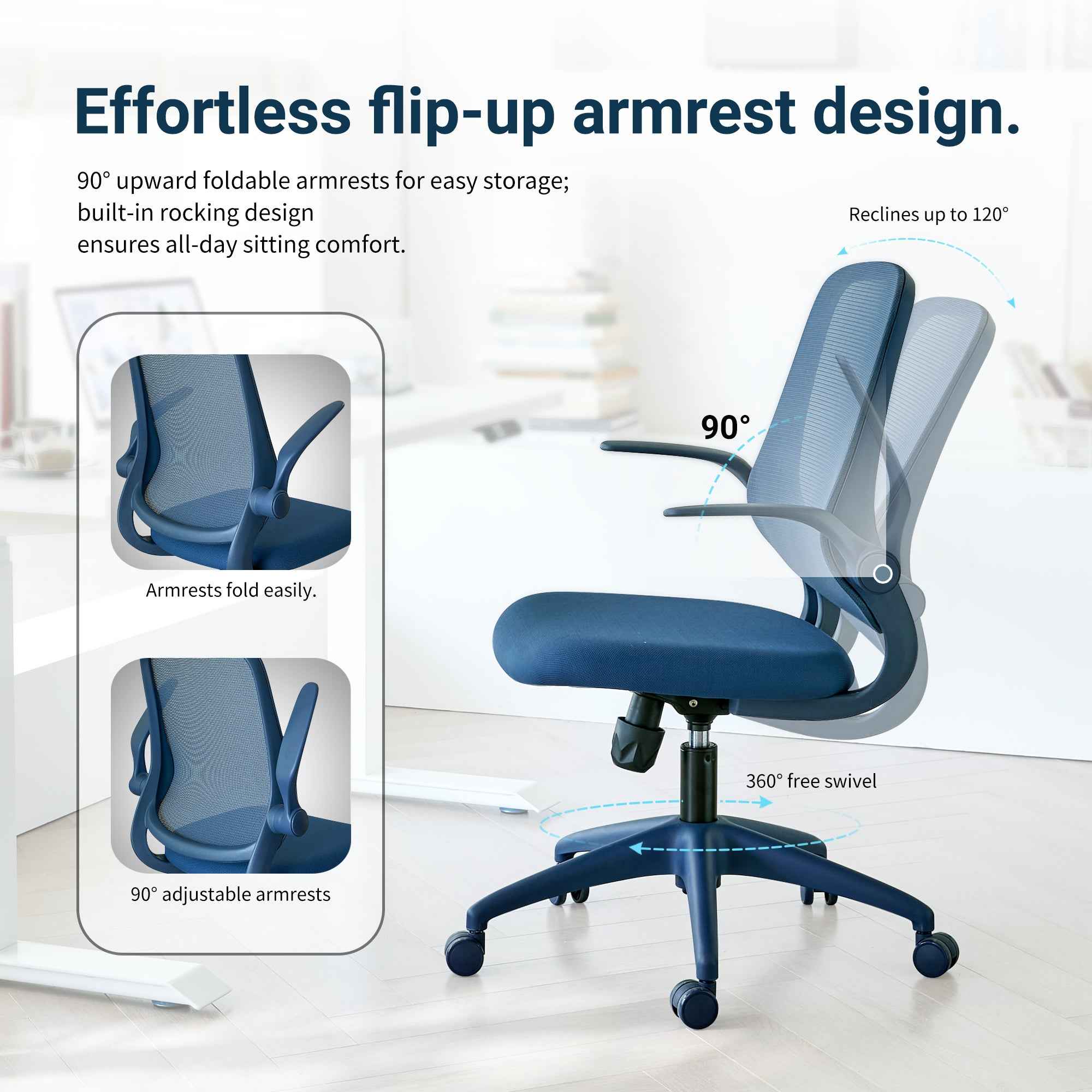 Ergonomic Color Office Chair 350LBS, Home Office, Mesh Back, Integrated Molded Foam, Comfortable Sitting, Flipping Armrest, Fireproof, Rotating, Lifting Multifunctional Chair (Blue)