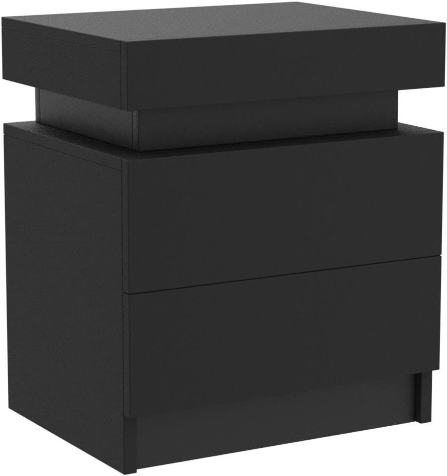 Modern Black LED Nightstand with Led Lights Bedside table with 2 High Gloss Drawers for Bedroom