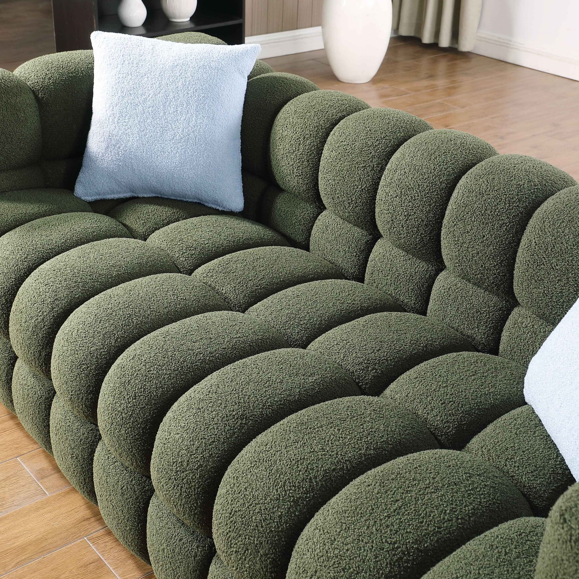 84.3 length ,35.83' deepth ,human body structure for USA people,  marshmallow sofa,boucle sofa ,3 seater, OLIVE GREEN BOUCLE