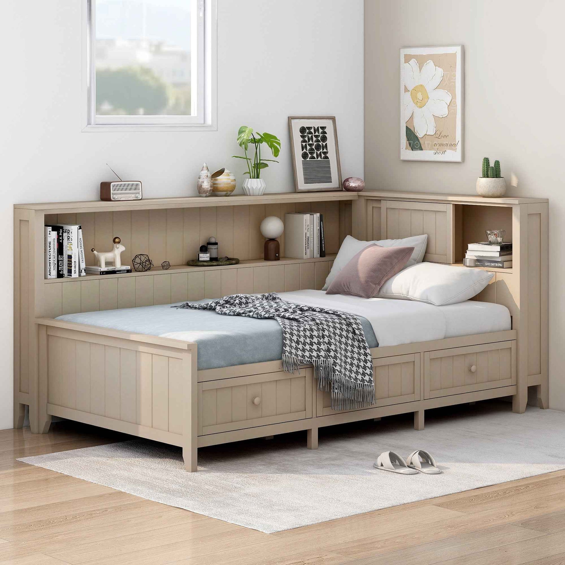 Twin Size Wood Daybed with Storage Shelves and 3 Drawers in Antique White Milk Finish, Solid Pine Wood and MDF