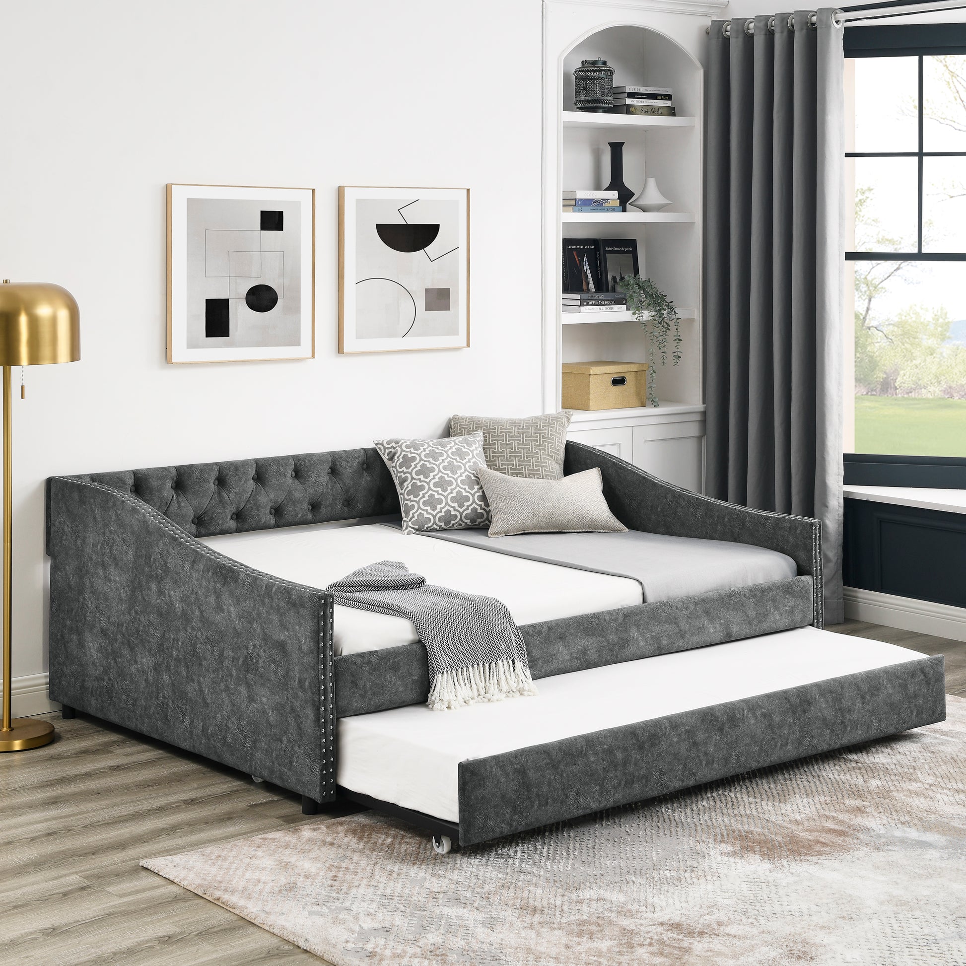 Full Size Daybed with Twin Size Trundle Upholstered Tufted Sofa Bed, with Button on Back and Copper Nail on Waved Shape Arms,Grey (80.5"x55.5"x27.5") - Abrihome