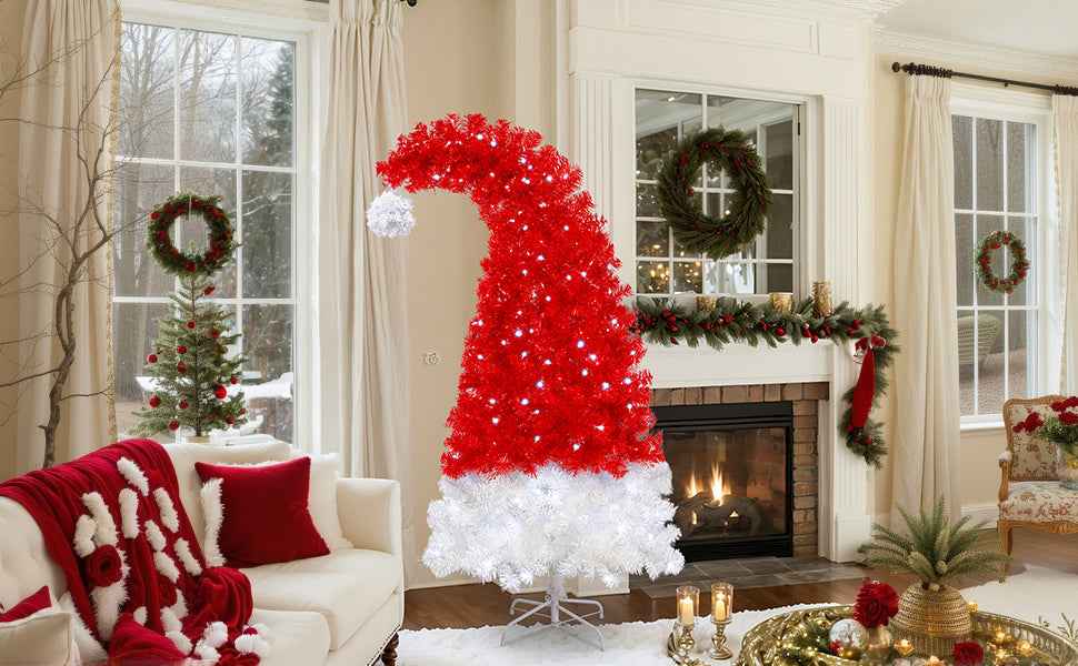 6FT Artificial Christmas Tree with LED Light, Santa's Hat Shape Artificial Whimsical Xmas Tree with 1050 Tip, Curved Xmax Tree