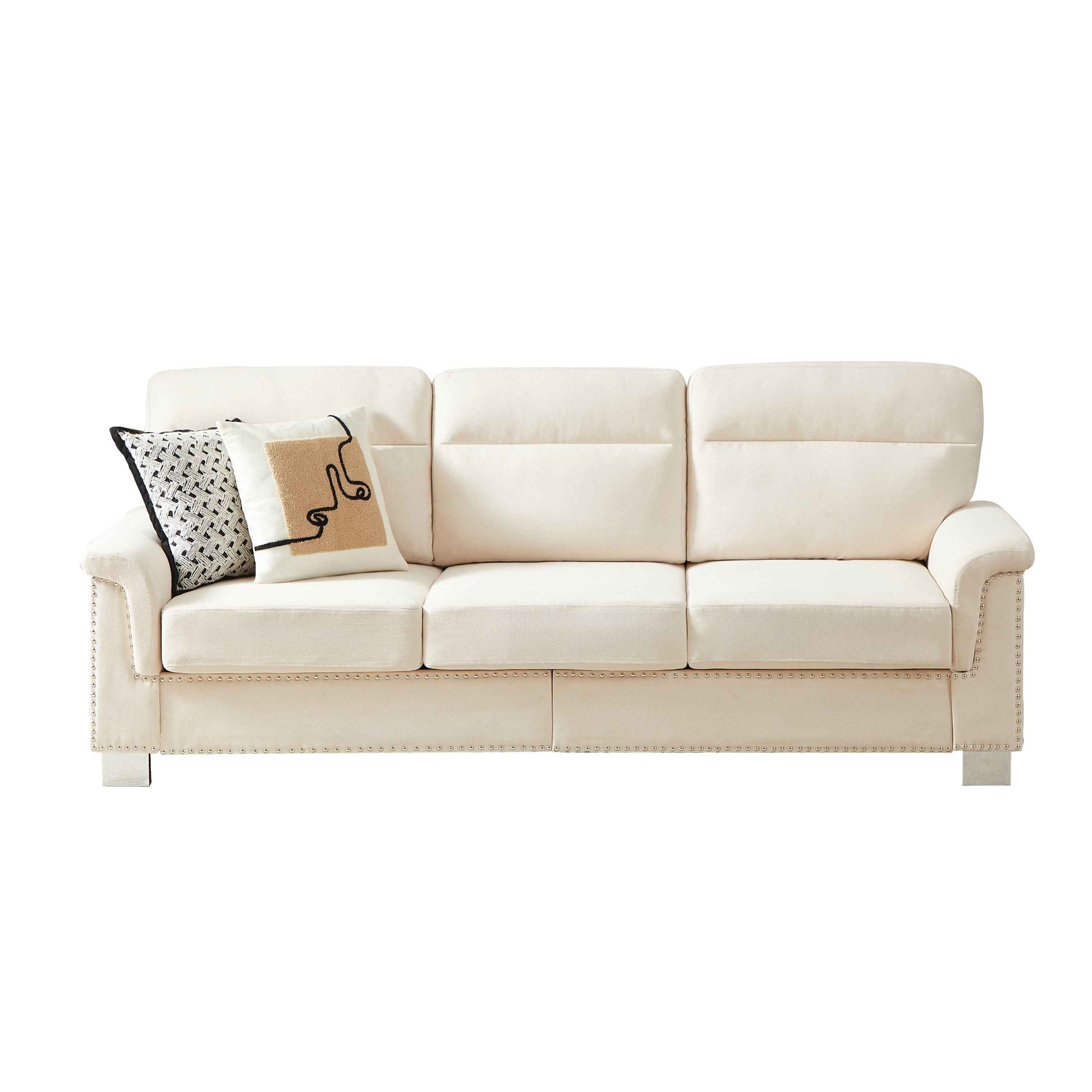 Modern Compressed Snowfleece Fabric 3-Seater Sofa in Beige, High-Density Foam Cushion with Solid Wood and Iron Frame, Ideal for Living Room, Bedroom, Office & Entertainment Spaces