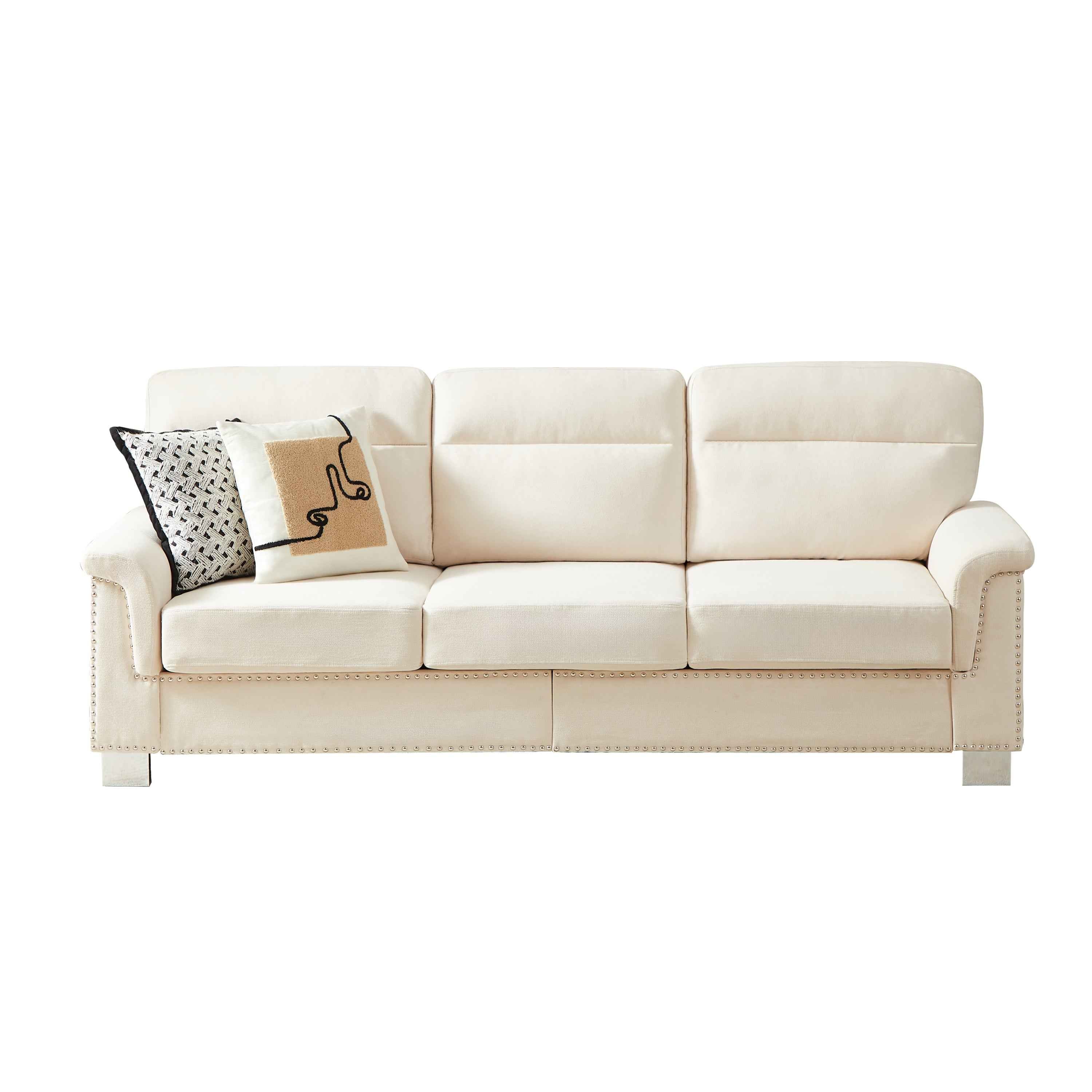 Modern Compressed Snowfleece Fabric 3-Seater Sofa in Beige, High-Density Foam Cushion with Solid Wood and Iron Frame, Ideal for Living Room, Bedroom, Office & Entertainment Spaces