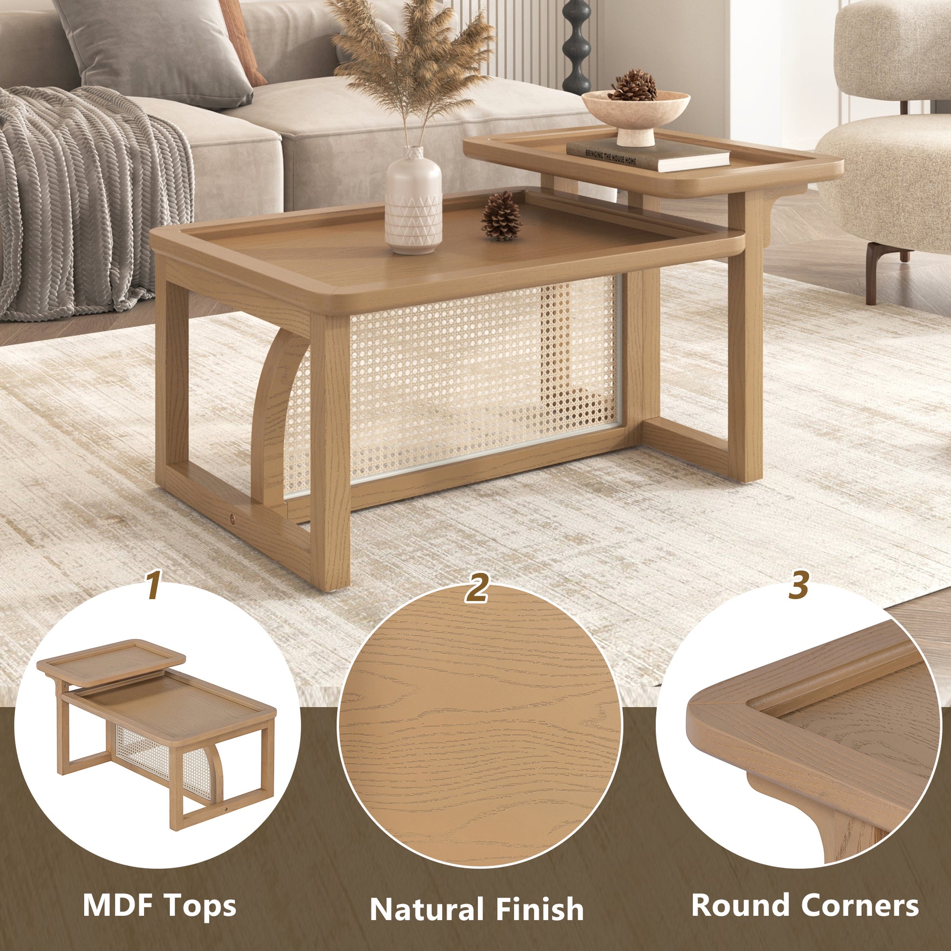 Modern 2 Piece Nesting Rattan Wood+ MDF Coffee Table Set in Natural - Abrihome