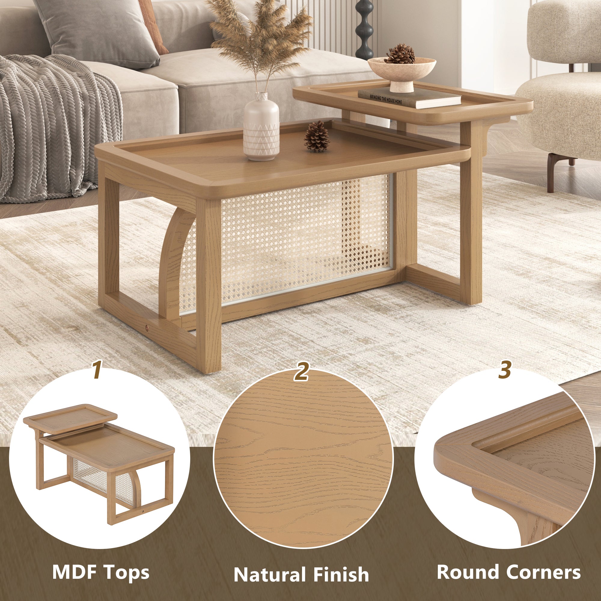 Modern 2 Piece Nesting Rattan Wood+ MDF Coffee Table Set in Natural - Abrihome