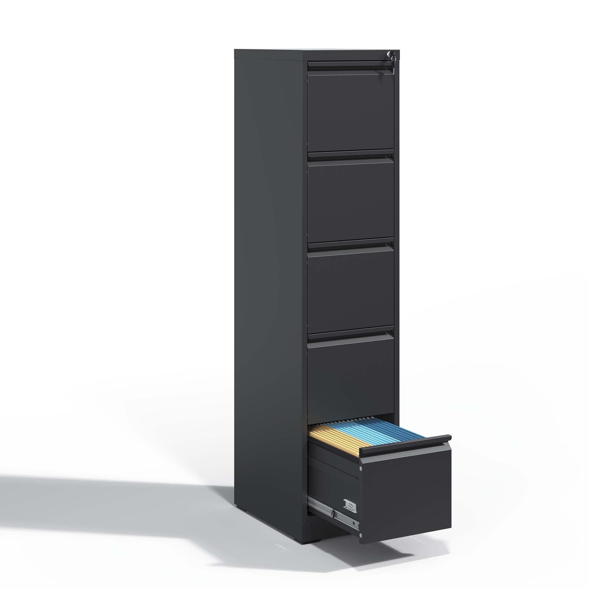 SteelCraft Pro 5 Drawer Metal Vertical File Cabinet with Lock, Black, Steel, 64.17 inches