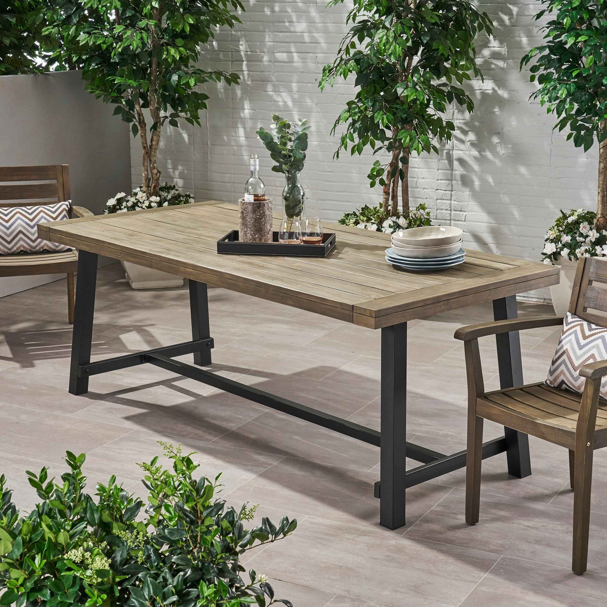 Modern Industrial Outdoor Acacia Wood Dining Table with Grey/Rustic Metal Frame