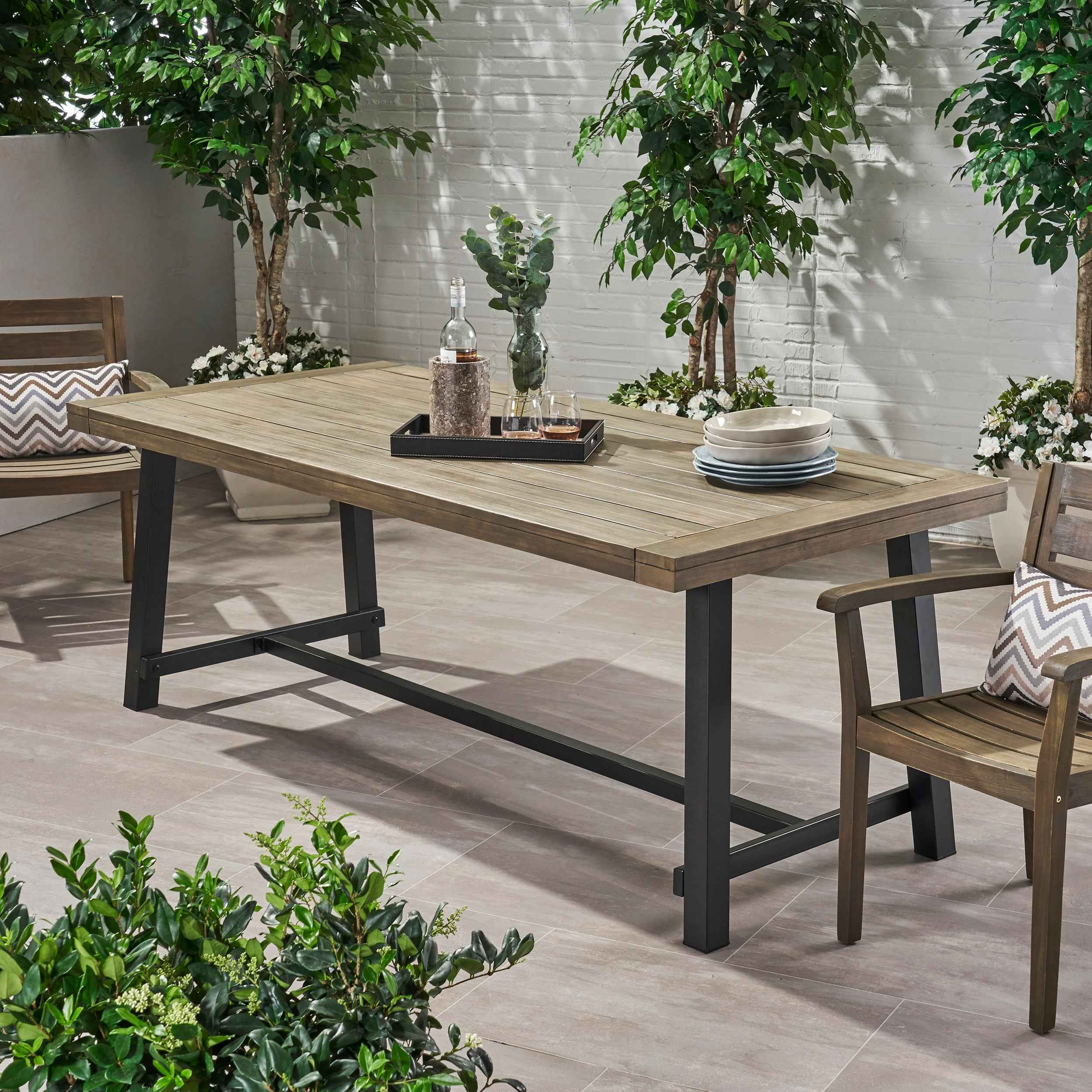 Modern Industrial Outdoor Acacia Wood Dining Table with Grey/Rustic Metal Frame