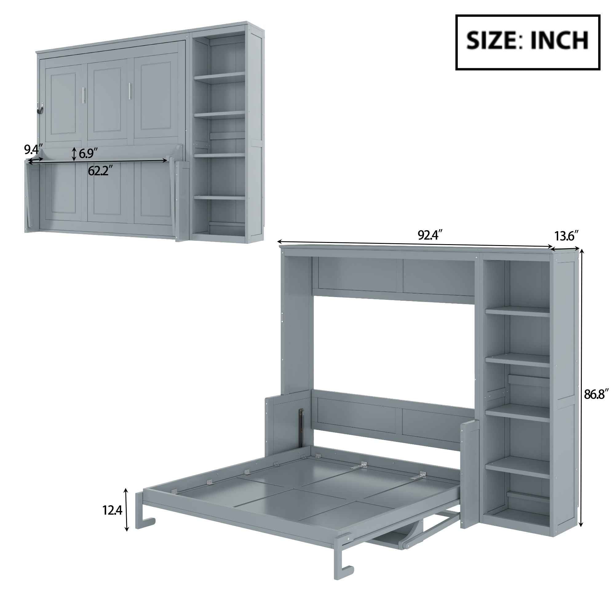 Gray Queen Size Murphy Bed with Desk and Bookshelf, Pine Wood + MDF, Space-Saving Design for Small Rooms