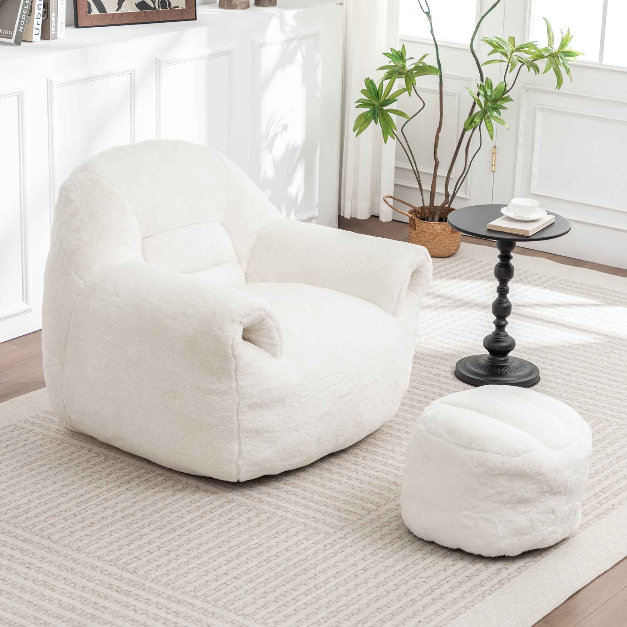 Bean Bag Chair, Comfy Bean Bag Sofa with Back Support, With Footstool,Faux Fur Bean Bag Chair for Adults and Kids, Stuffed Floor Sofa for Living Room, Bedroom, Apartment, White