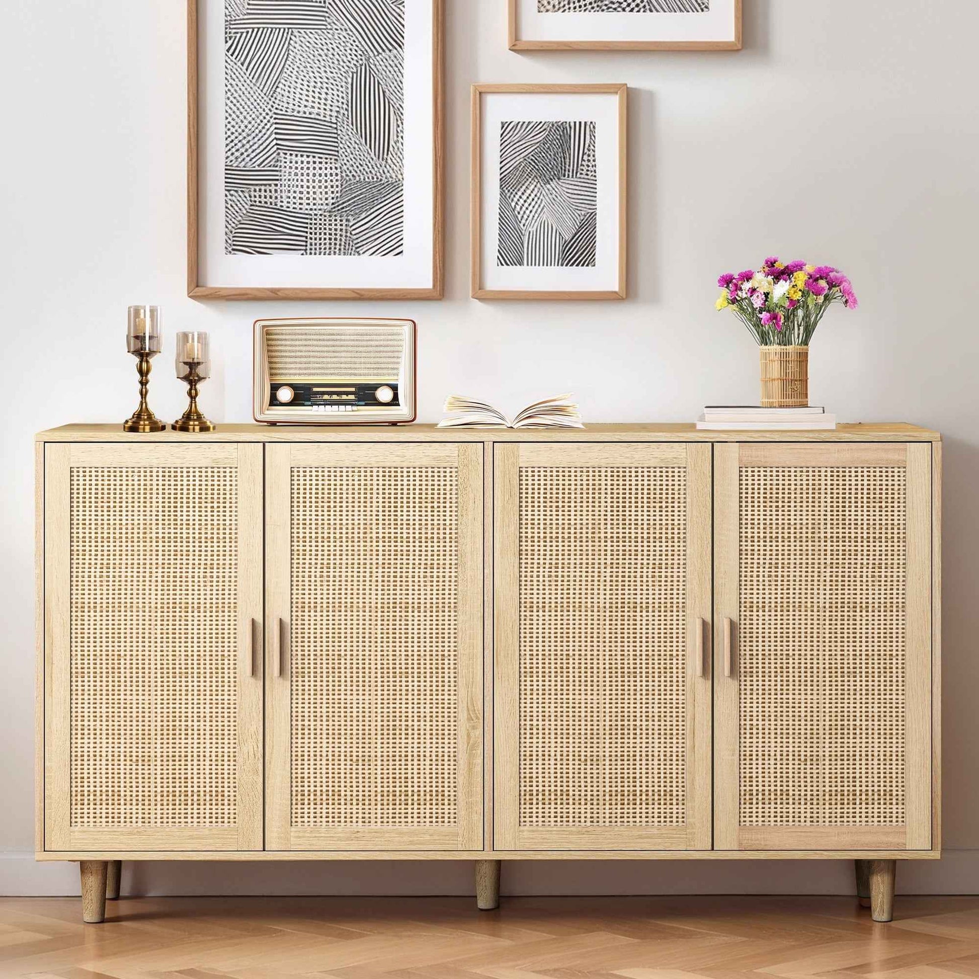 Elegant and Functional 4-Door Rattan Decorative Storage Cabinet for Bedroom, Living Room, Office in Natural Particle Board
