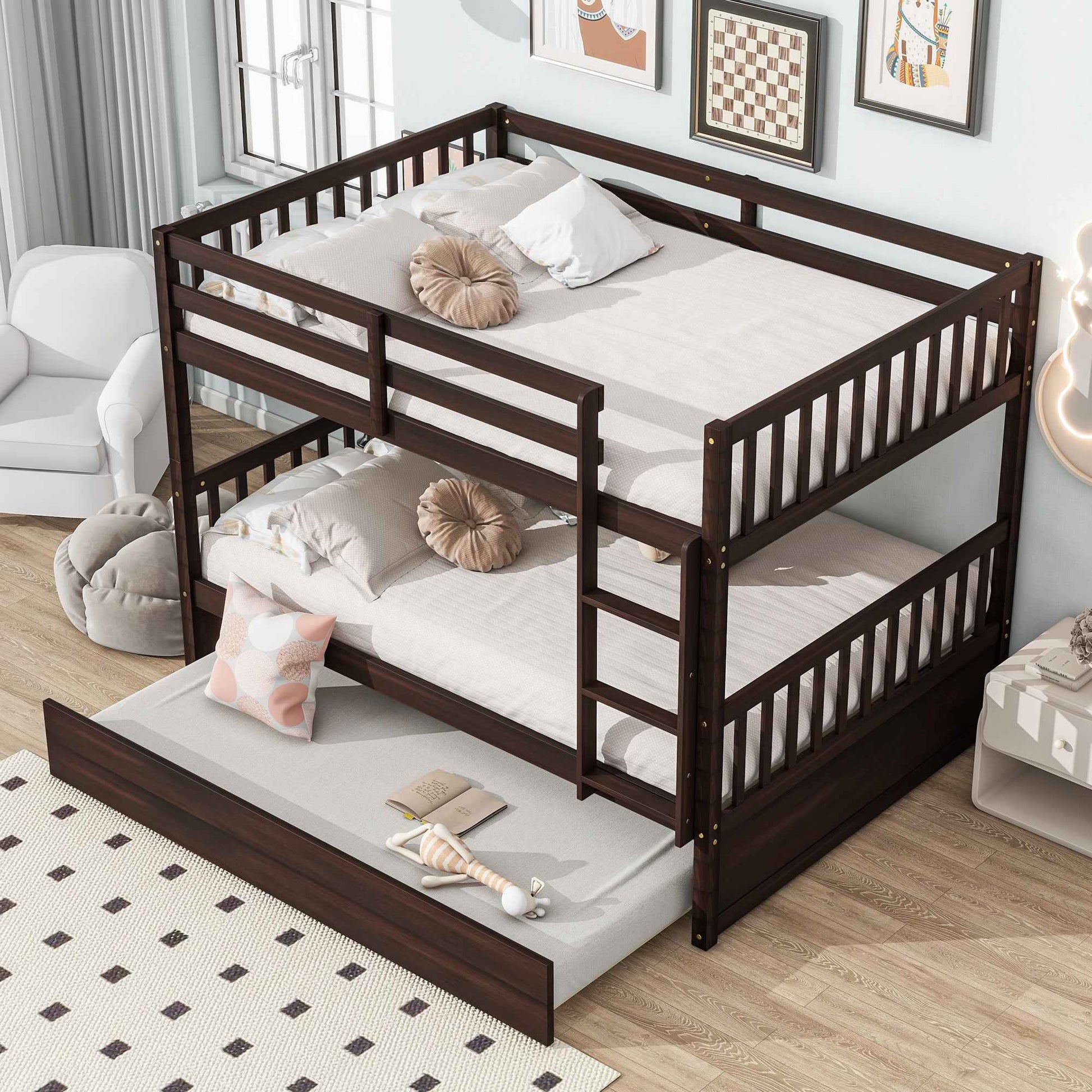 Full Over Full Rubber Wood Bunk Bed with Trundle, Ladder and Guardrails, Convertible to 2 Full Size Beds, with Twin Size Trundle ,Espresso