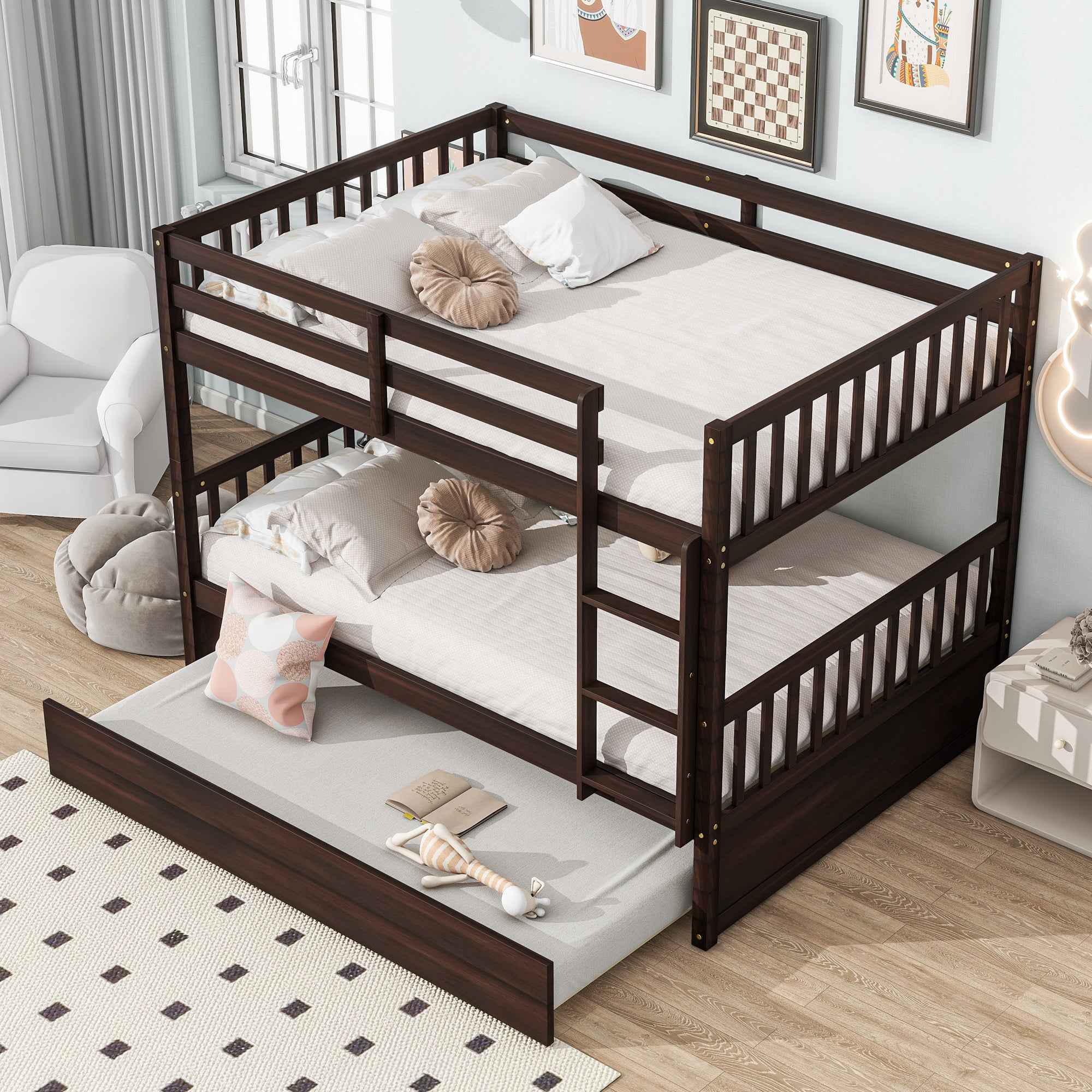 Full Over Full Rubber Wood Bunk Bed with Trundle, Ladder and Guardrails, Convertible to 2 Full Size Beds, with Twin Size Trundle ,Espresso