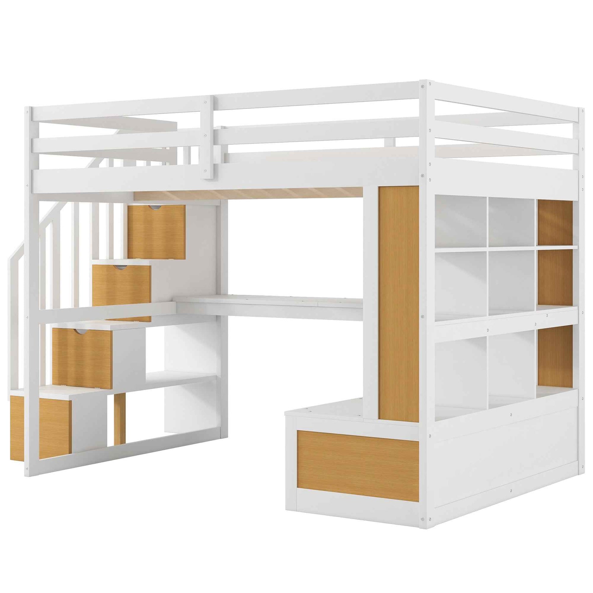 Full Size Loft Bed with Desk and Shelves, Two Built-in Drawers, Storage Staircase in White and Natural Finish, Solid Pine Wood and MDF Construction
