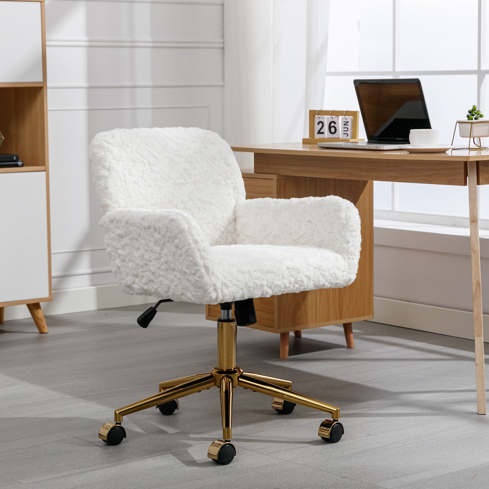 A&A Furniture Artificial Rabbit Hair Office Chair with Golden Metal Base, Adjustable Swivel Vanity Chair, Beige Velvet - Abrihome