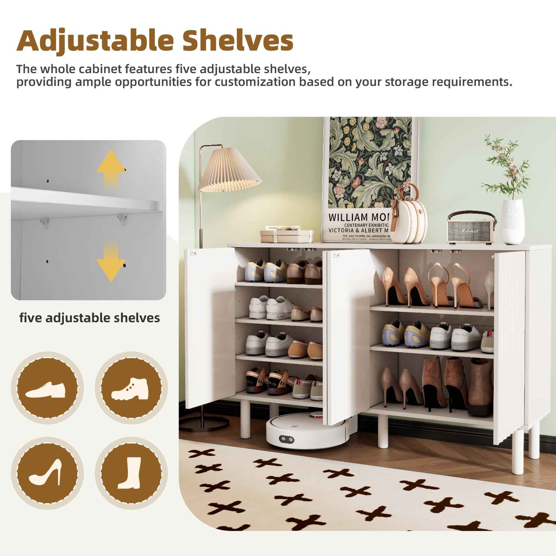 ON-TREND Minimalist Shoe Cabinet with 5 Solid Wood Legs, Cream Style Sideboard Buffet Cabinet with Fluted Doors, Large 4-Door Storage Cabinet with Adjustable Shelves for Living Room, White, 55.1*13.7'