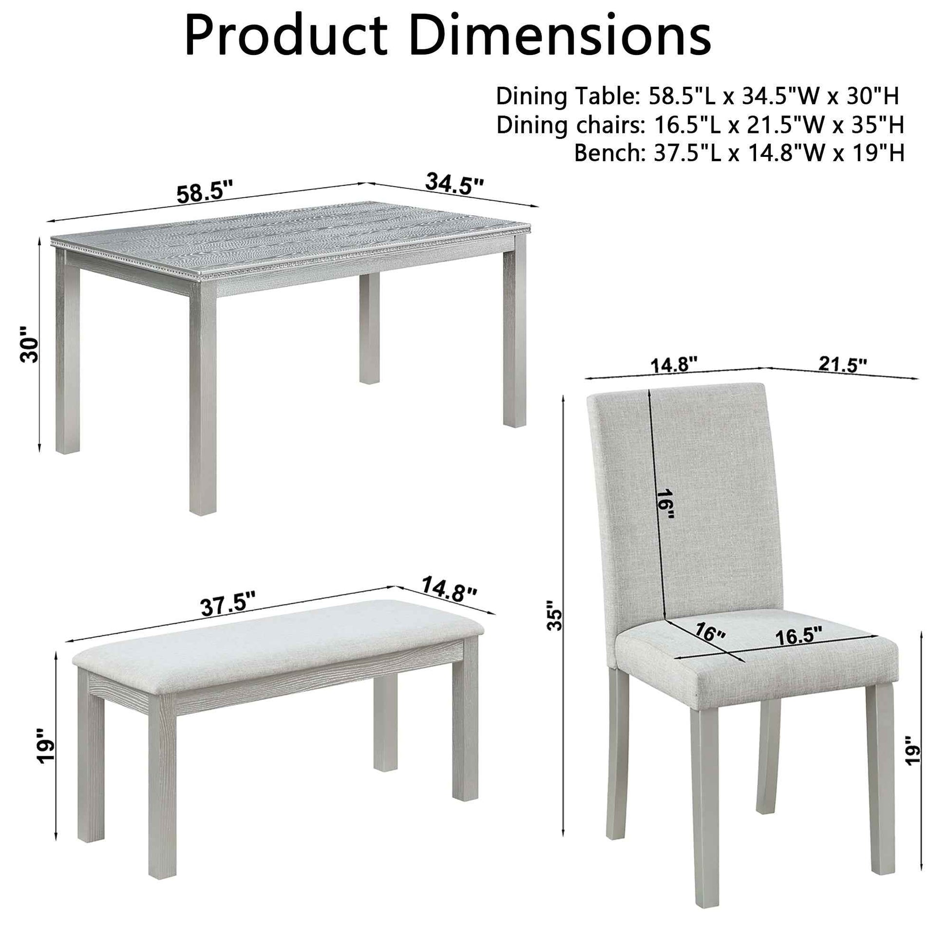 6 Piece Wooden Dining Table Set, Wooden Dining Table with 4 Upholstered Chairs and Bench for 6 People, Rectangular Dining Table Set with Crystal Decoration for Kitchen, Dining Room, Silver grey