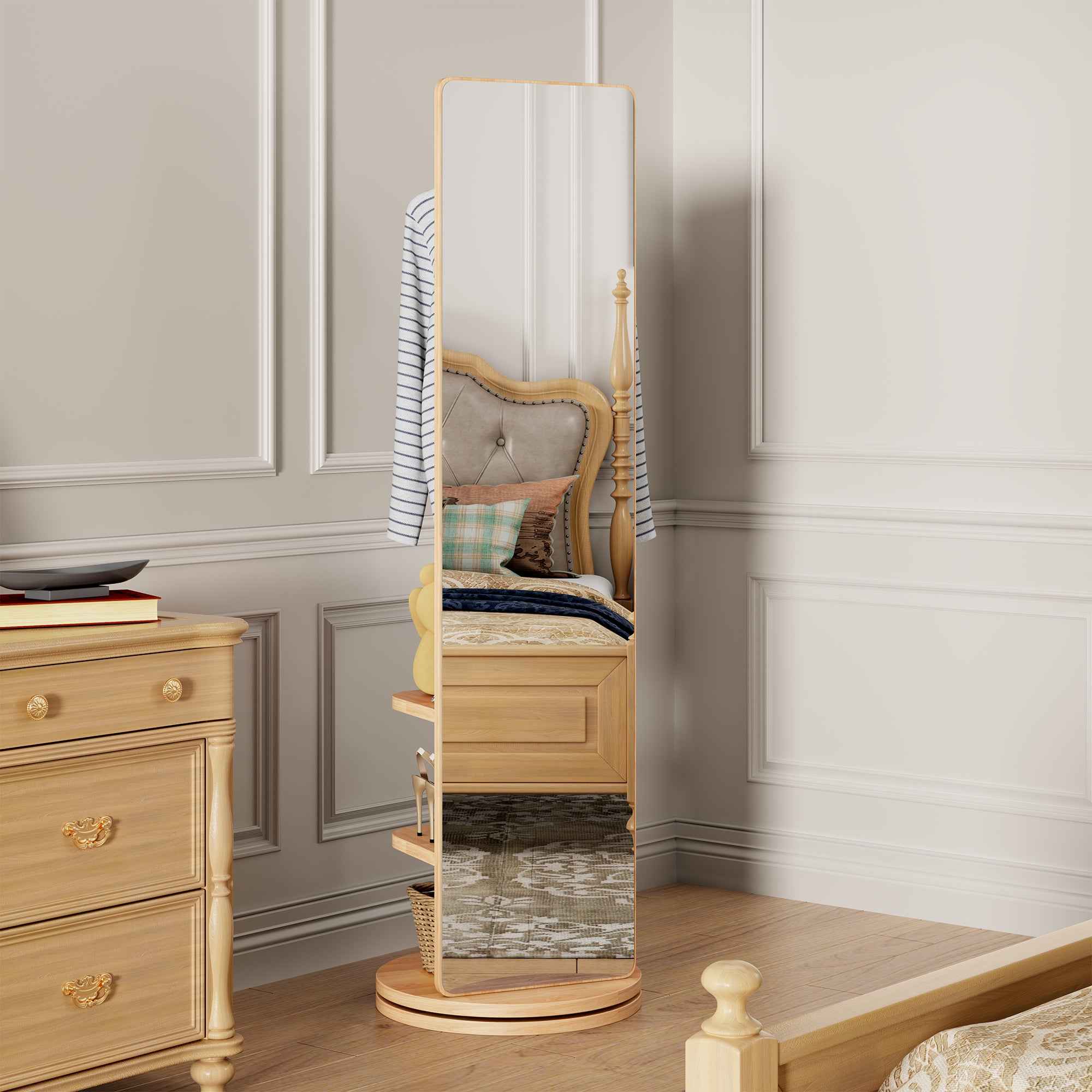 360° Rotating 69'x20' Multifunctional Full Length Mirror with Hook Storage Rack Coat Rack with Mirror Solid Wood Floor Mirror Bedroom Living Room Cloakroom Space Saving (natural wood)