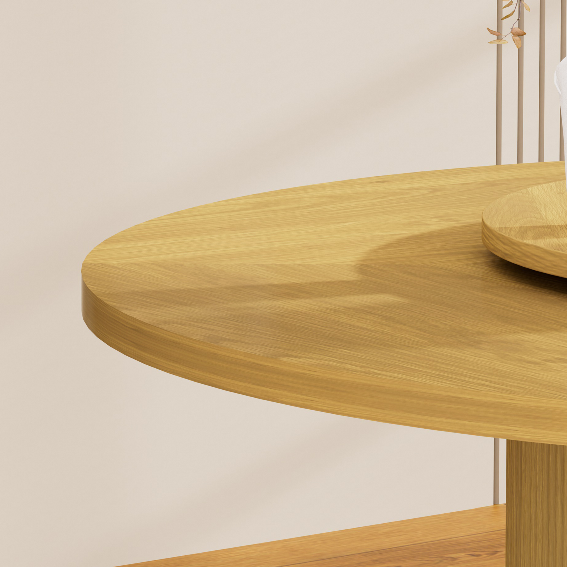 55-inch round dining table for six, featuring a double-tiered storage rack and a rotating tabletop tray. Wooden wavy-striped sliding doors. Ideal for home dining room living room (Natural).
