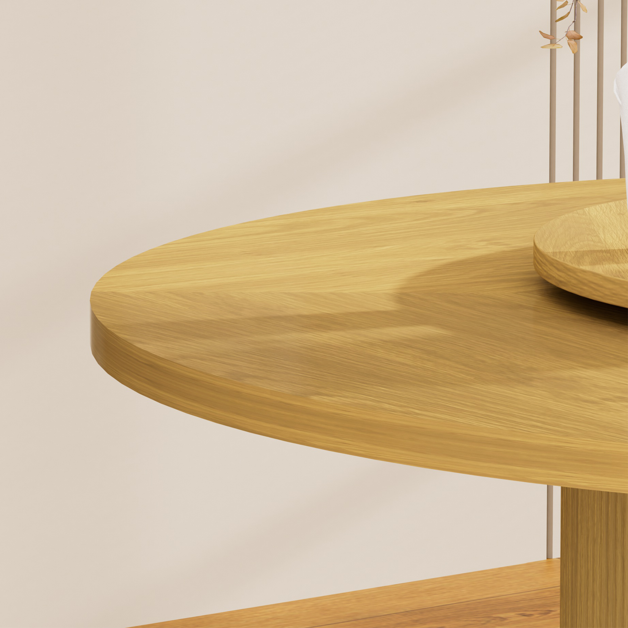 55-inch round dining table for six, featuring a double-tiered storage rack and a rotating tabletop tray. Wooden wavy-striped sliding doors. Ideal for home dining room living room (Natural).
